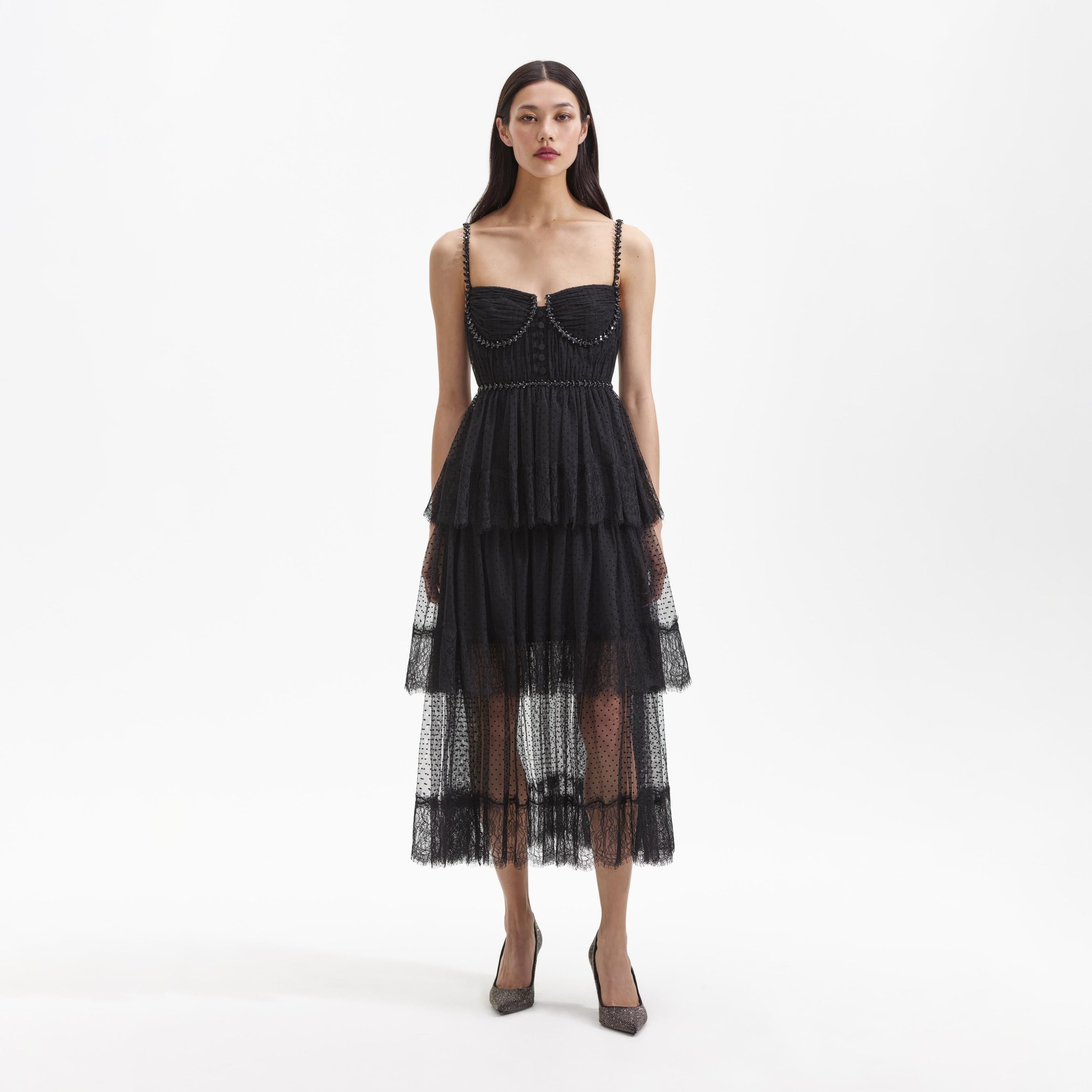 Black Dot Mesh Tier Midi Dress