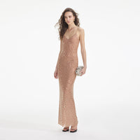 Gold Square Rhinestone Mesh Maxi Dress