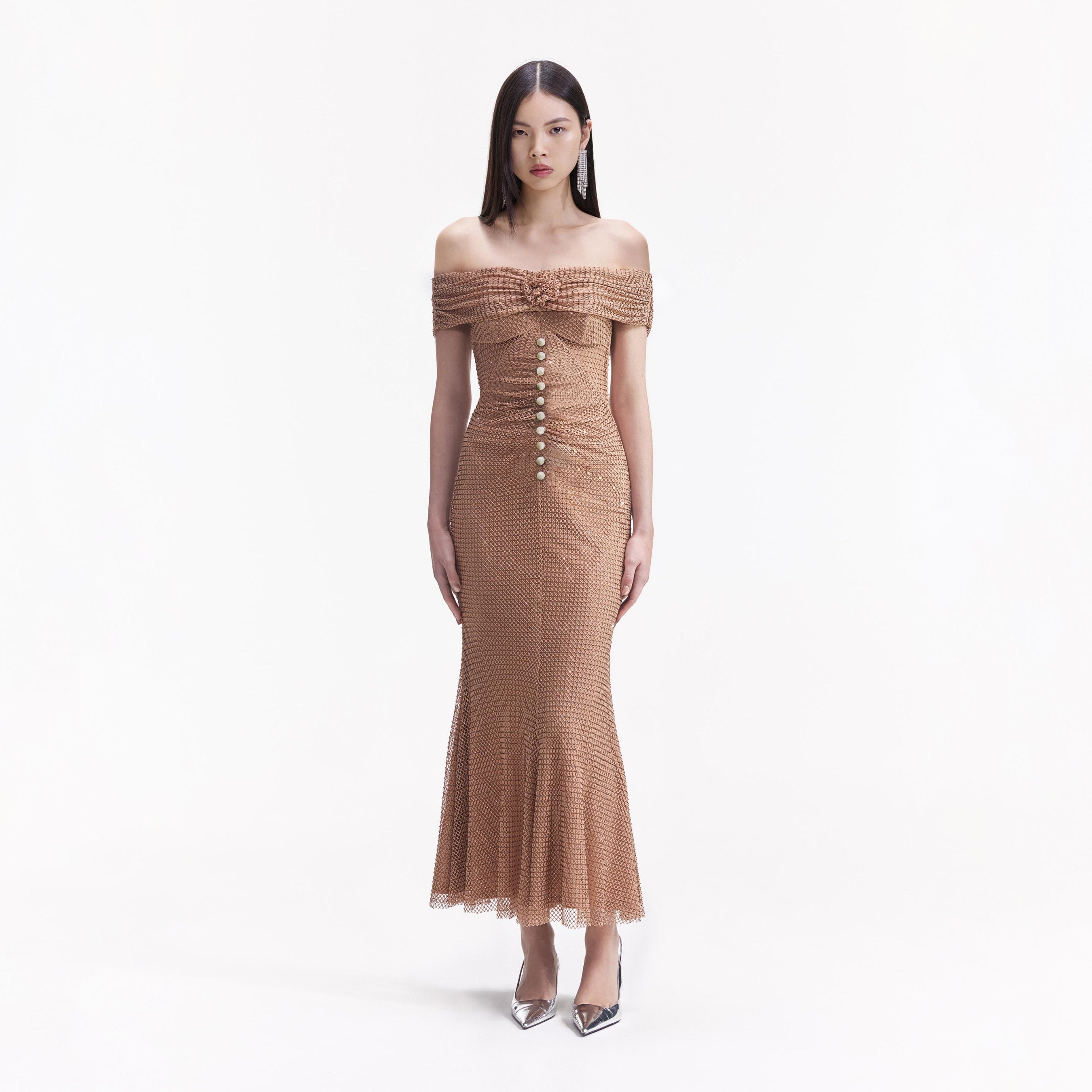 Tan Rhinestone Midi Dress