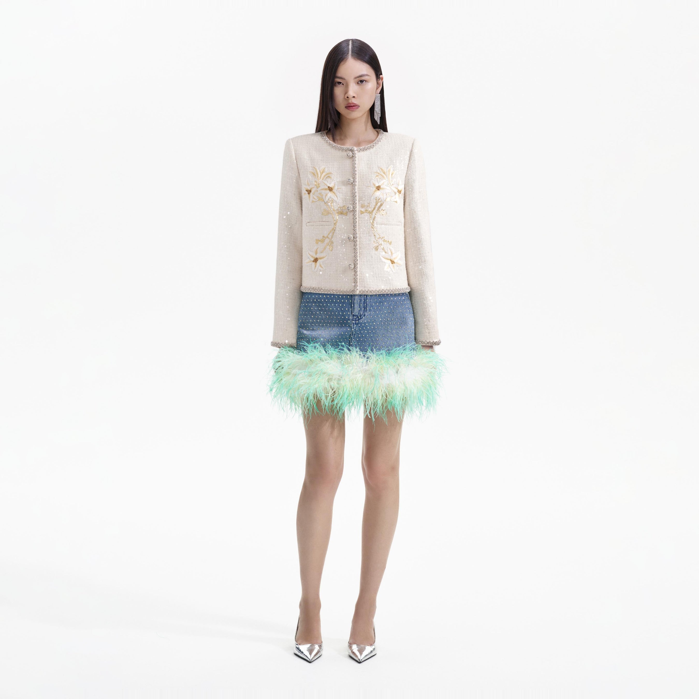 Cream Hand Embroidered Lily Boucle Jacket