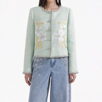 Mint Hand Embroidered Daffodil Boucle Jacket