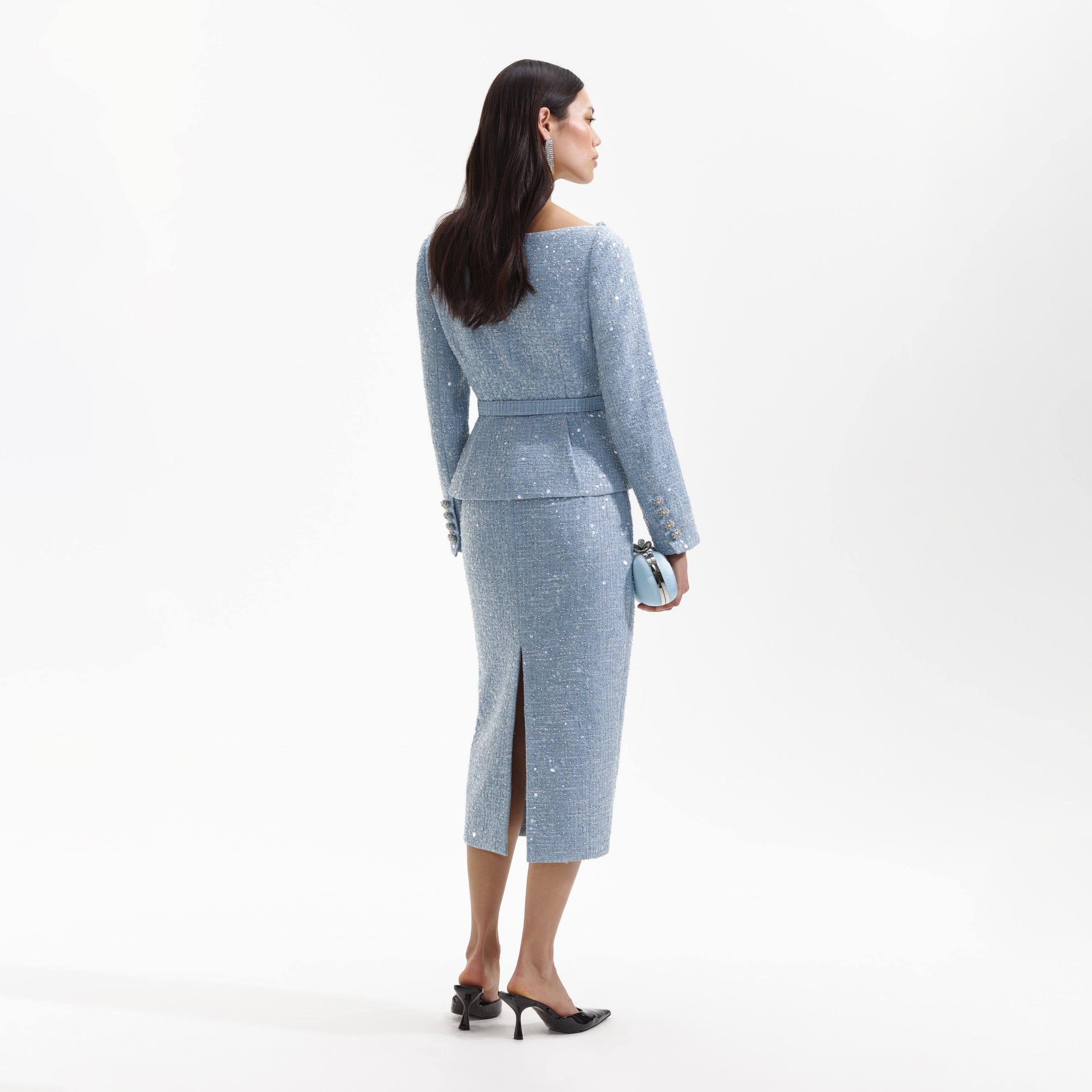 Blue Sequinned bouclé-tweed and plissé midi dress, Self-Portrait