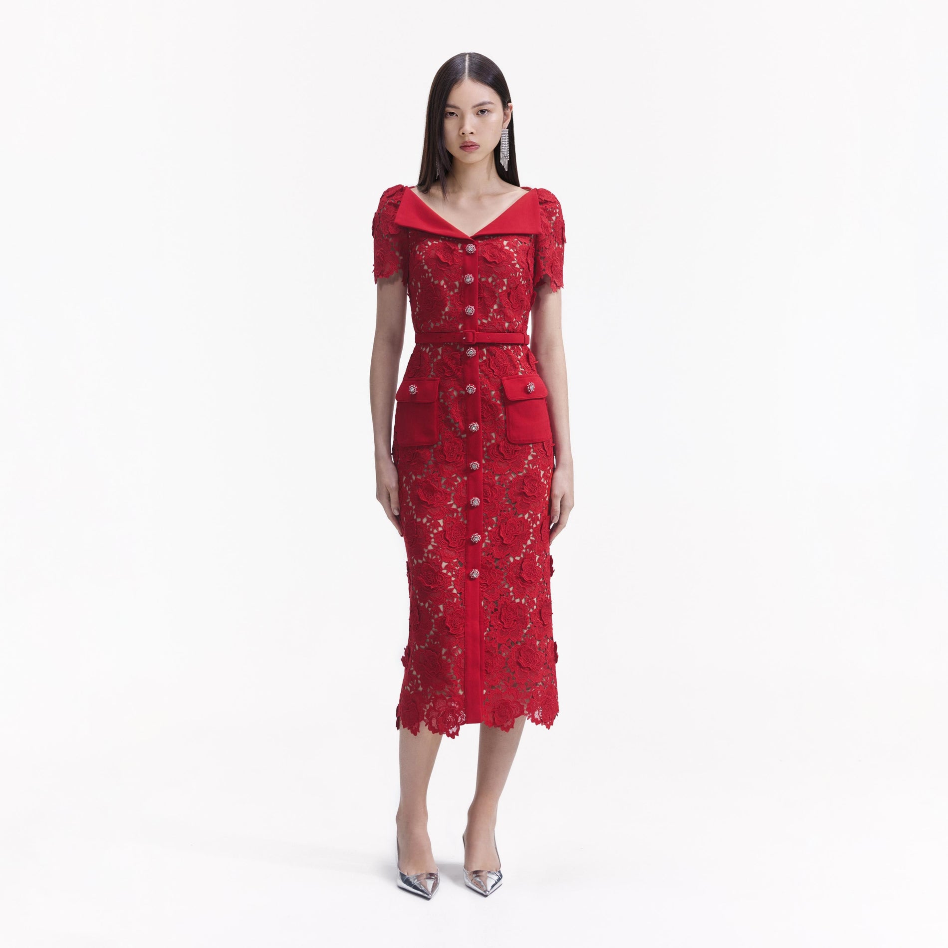 A Woman wearing the Red Lace Open Neck Midi Dress