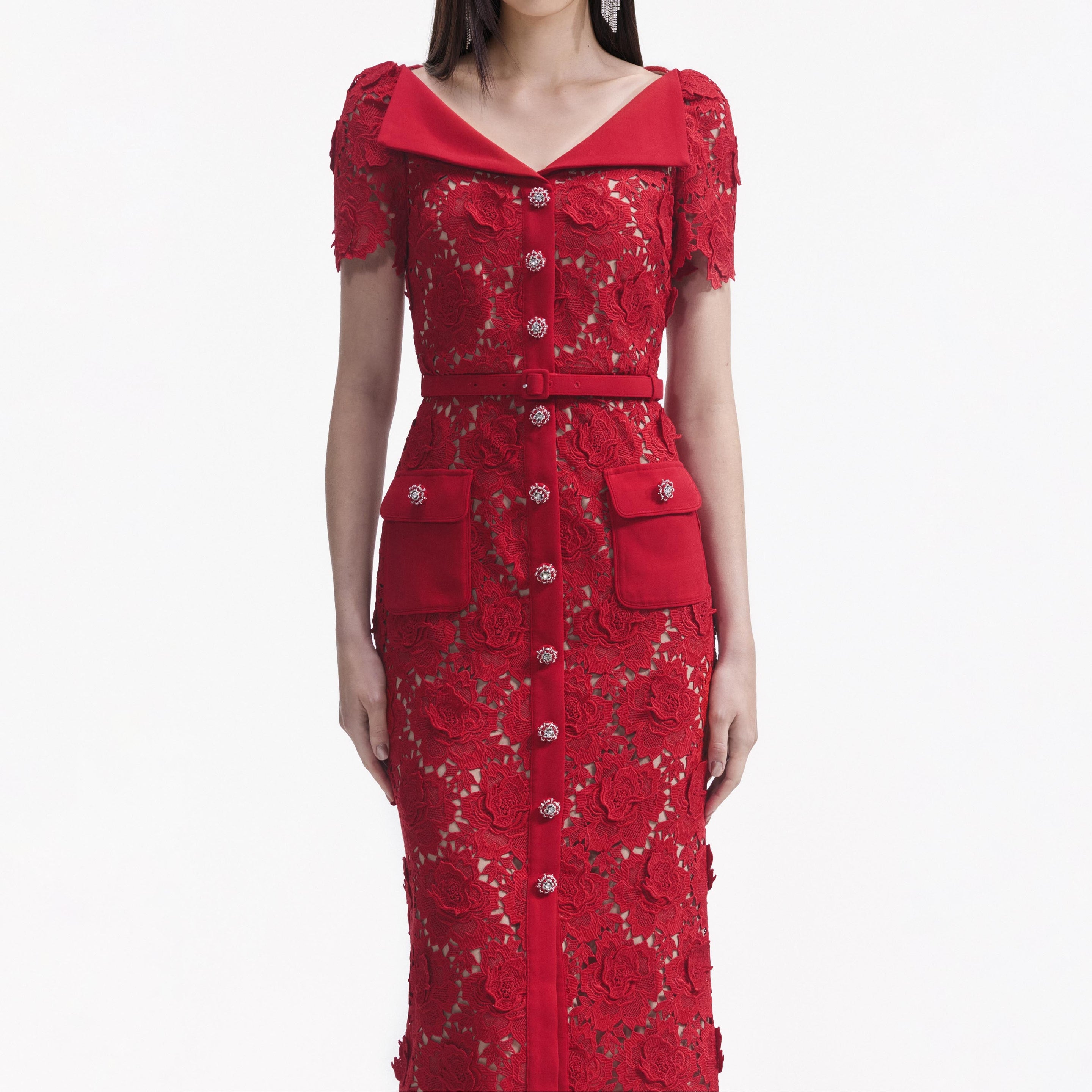 Red Lace High Neck Midi Dress – self-portrait-US