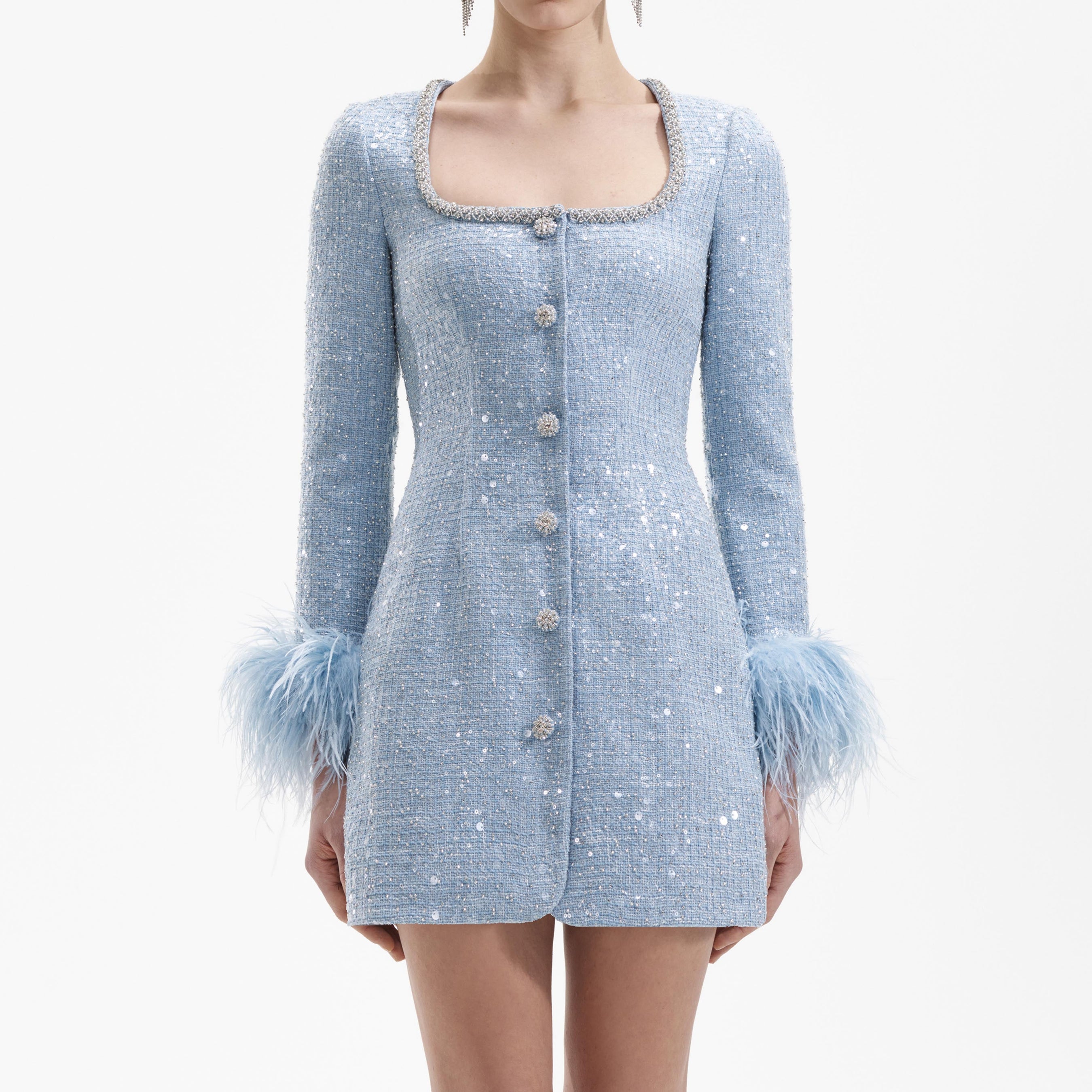 Blue Sequin Boucle Feather Mini Dress