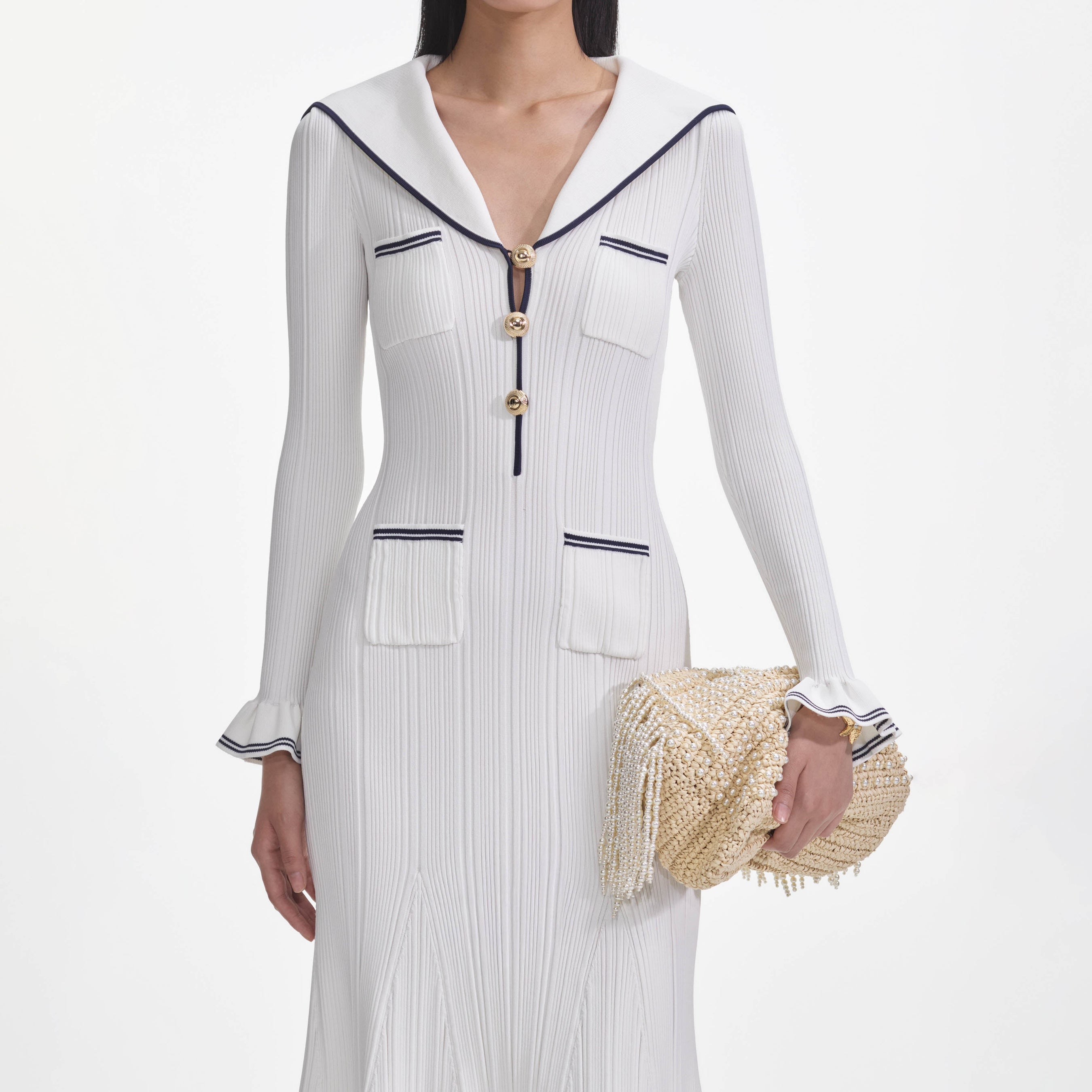 White Viscose Rib Knit Midi Dress