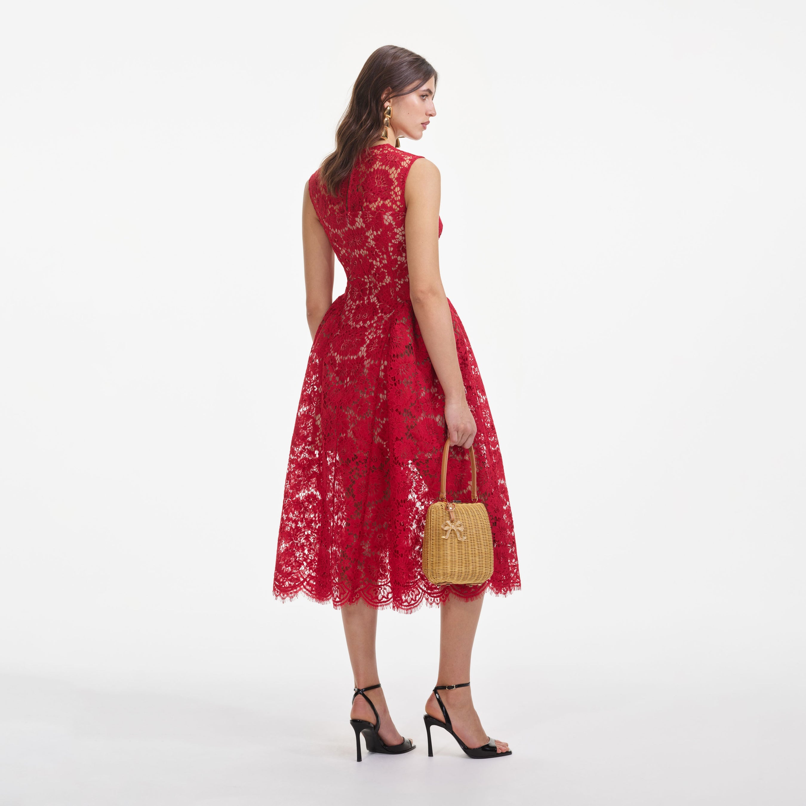 Red Fine Lace Midi Dress