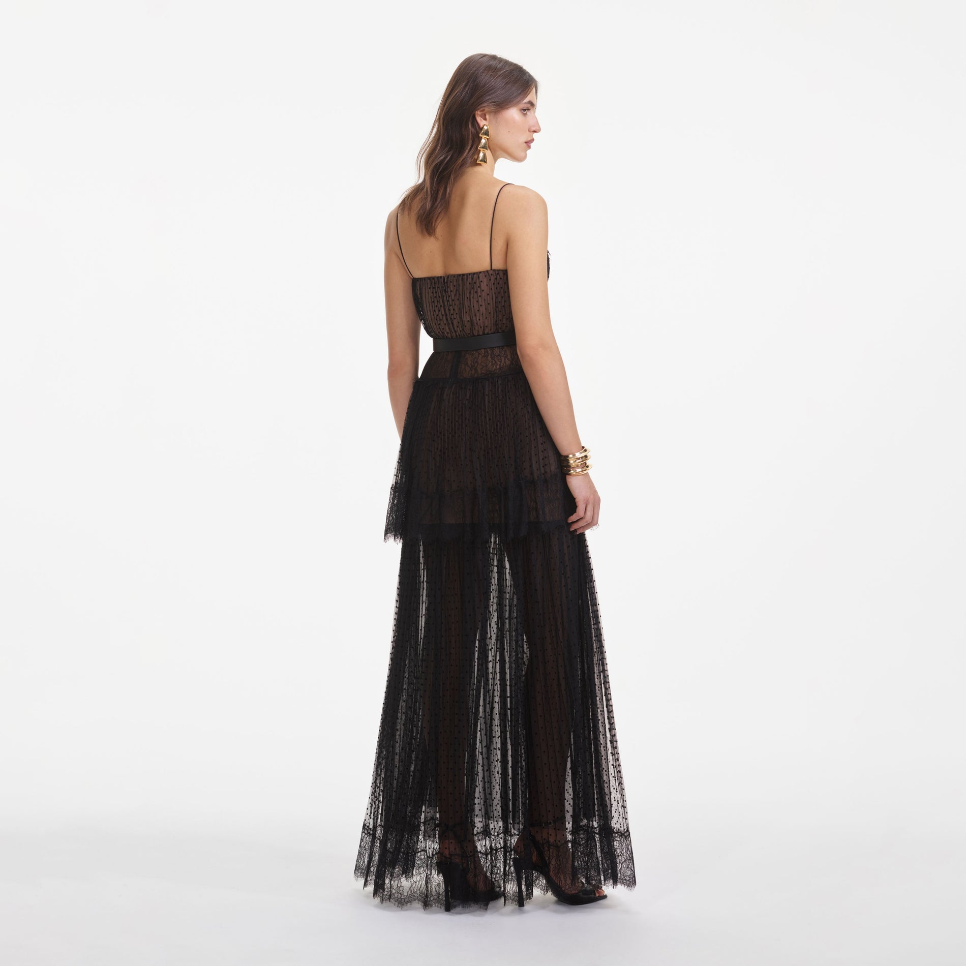 Black Dot Mesh Tiered Maxi Dress