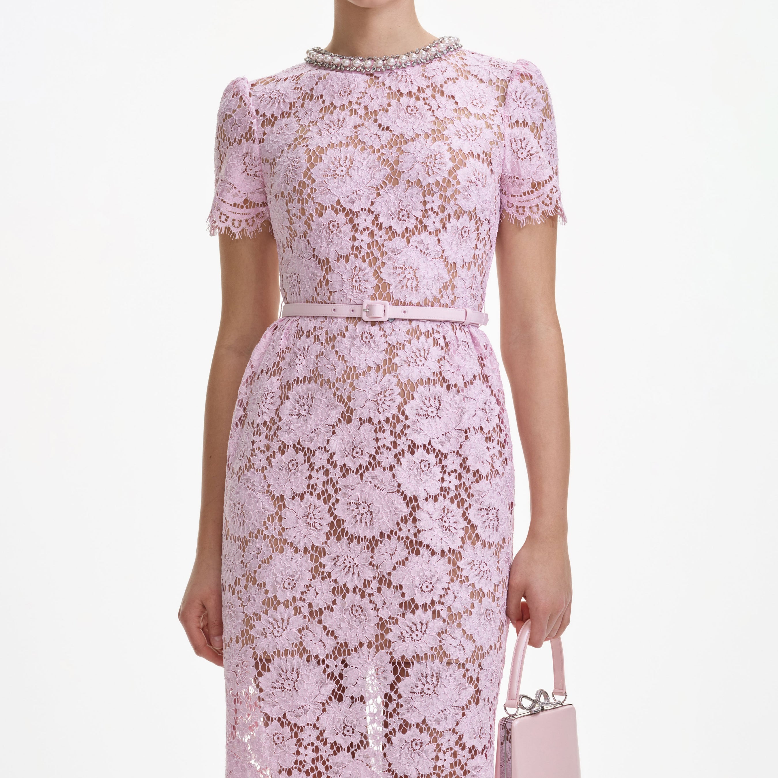 Pink Fine Lace Pearl Midi Dress