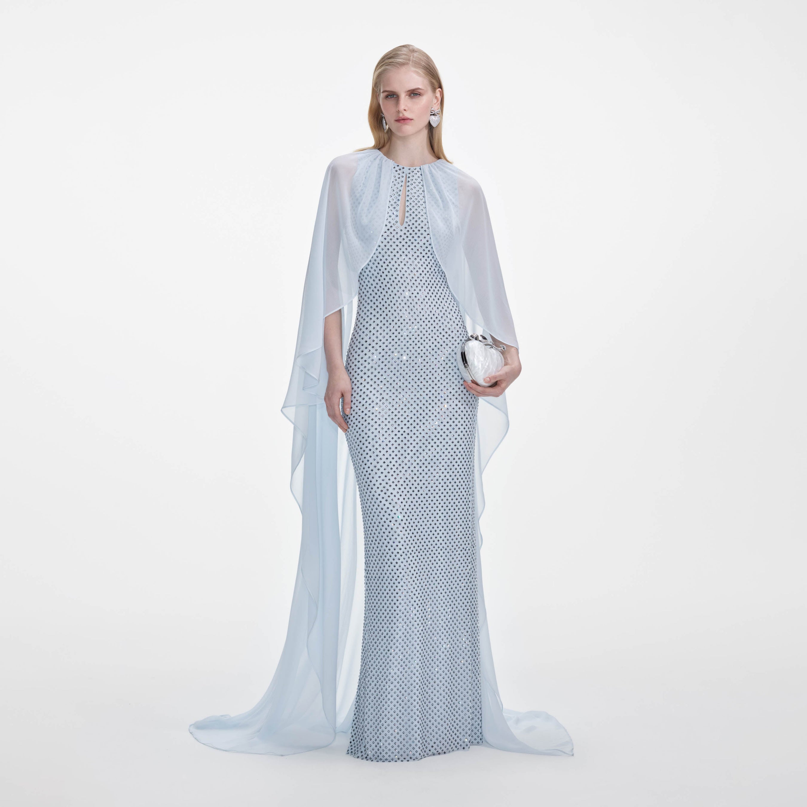 Pale Blue Rhinestone Cape Maxi Dress