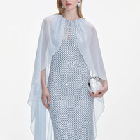 Pale Blue Rhinestone Cape Maxi Dress