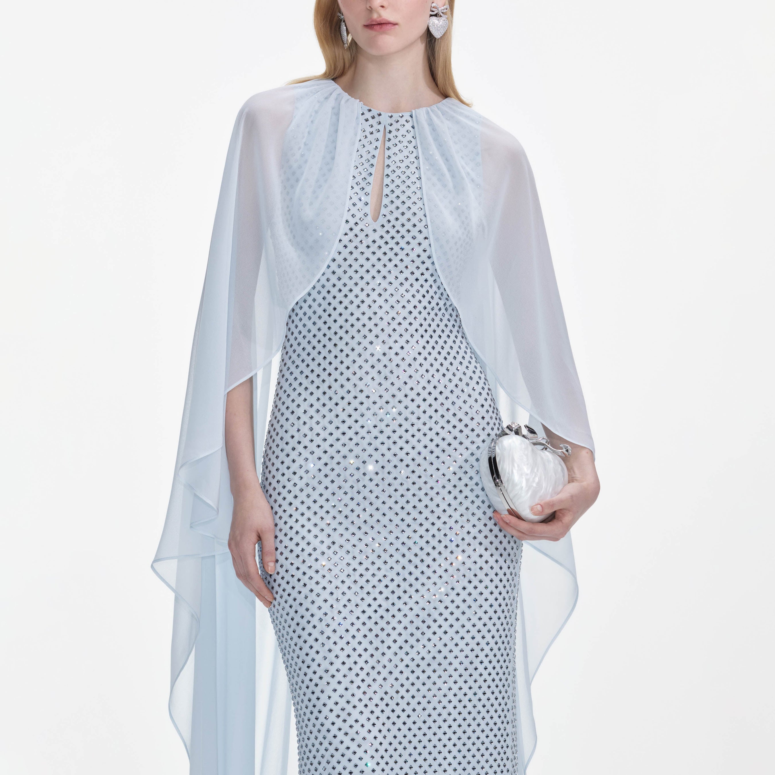 Pale Blue Rhinestone Cape Maxi Dress