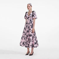 Pink Satin Floral Midi Dress