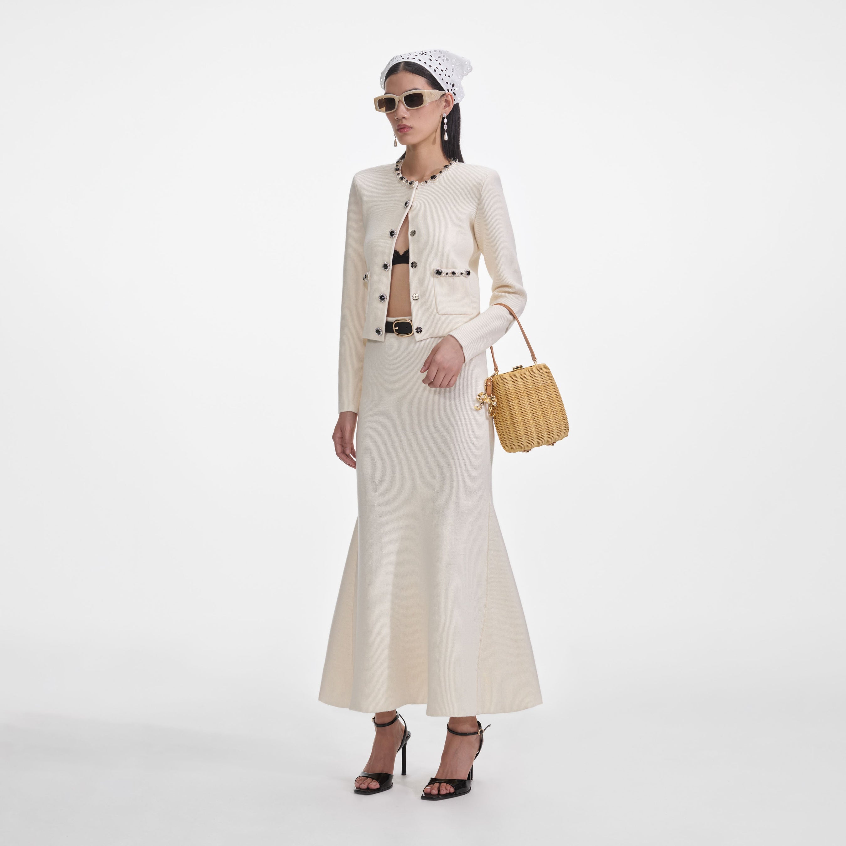 Cream Flared Knit Midi Skirt