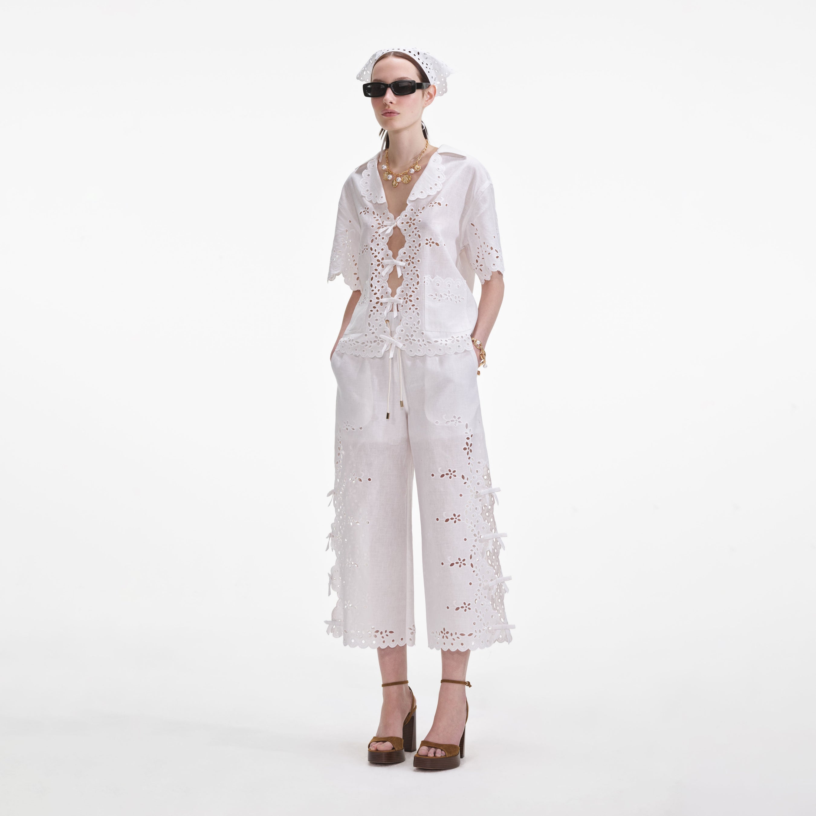 Cream Linen Embroidered Trousers