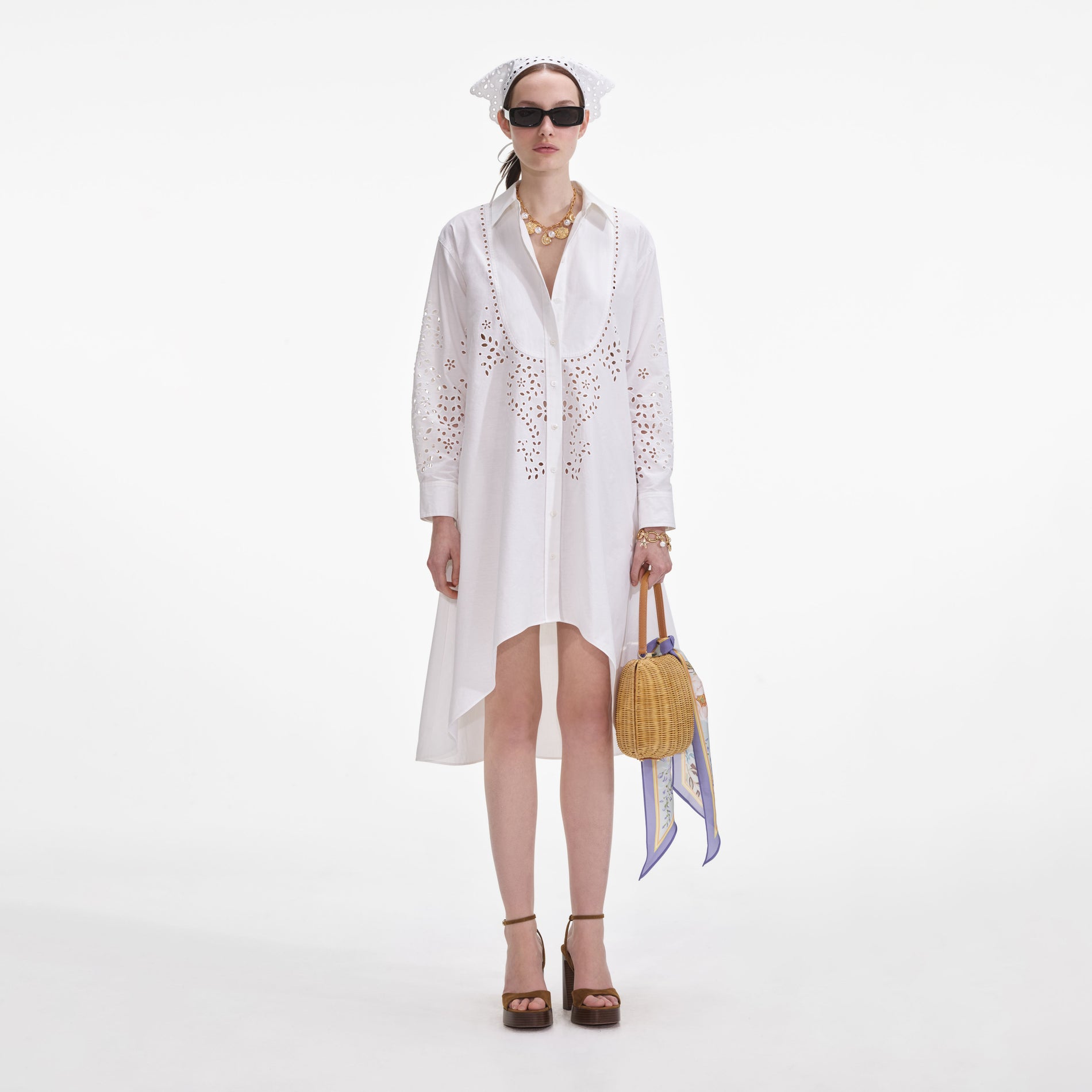 White Cotton Embroidered Shirt Dress