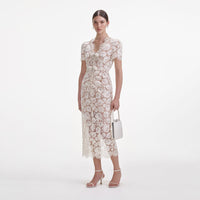 Cream Fine Lace Pearl Midi Dress