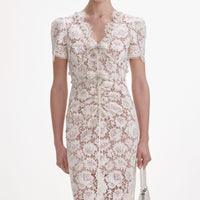 Cream Fine Lace Pearl Midi Dress