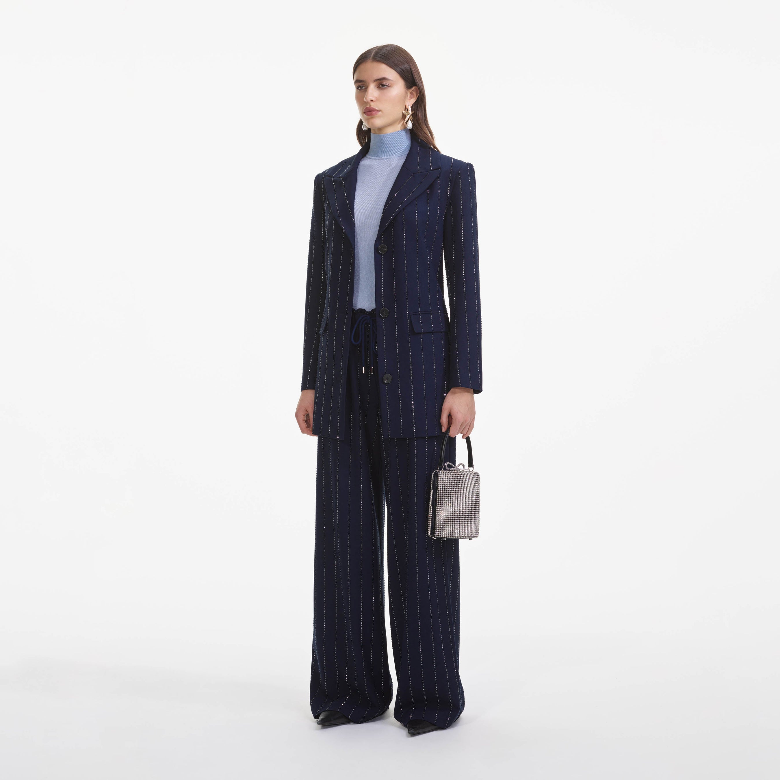 Navy Rhinestone Pinstripe Trousers