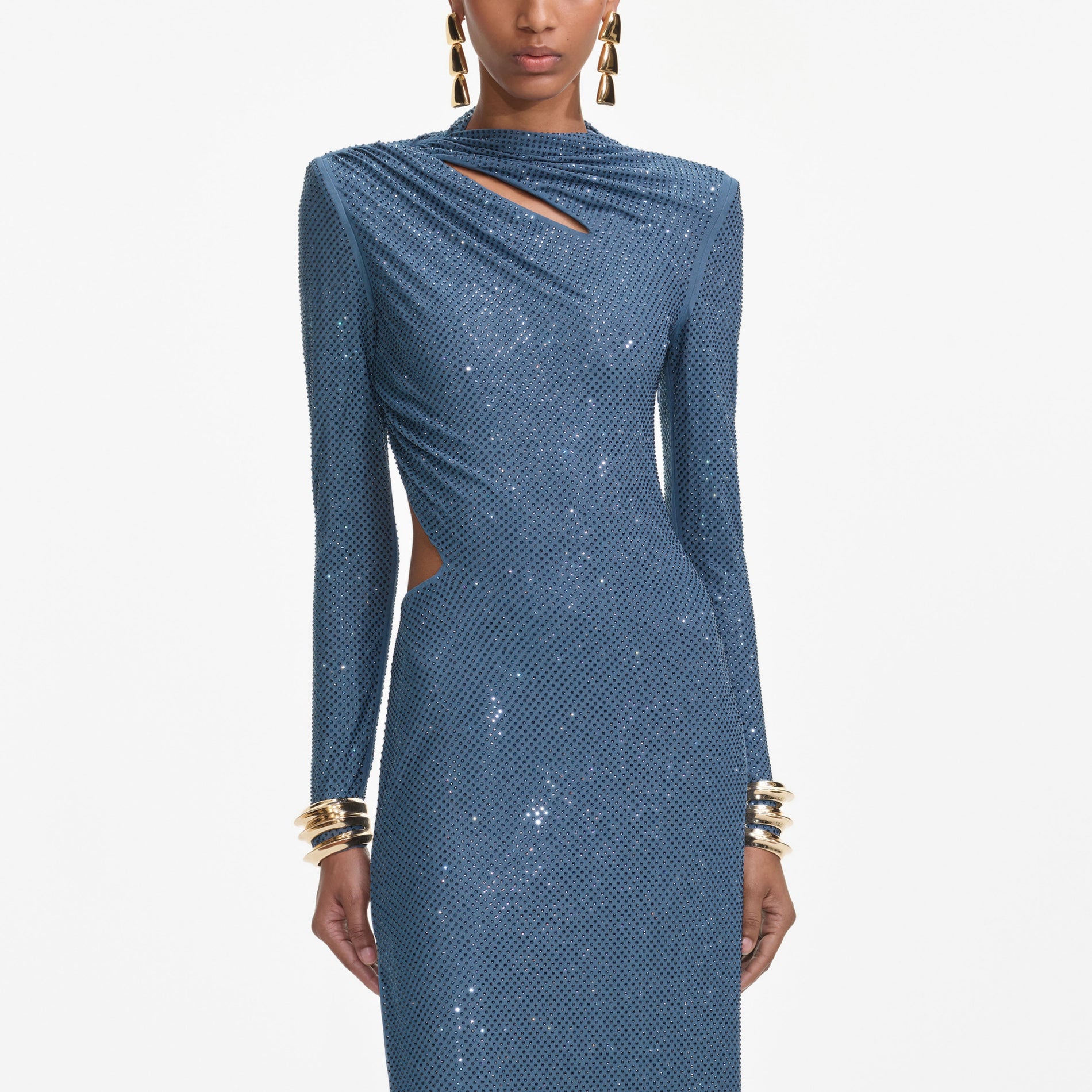 A close up of a woman wearing the Blue Rhinestone Gathered Maxi Dress