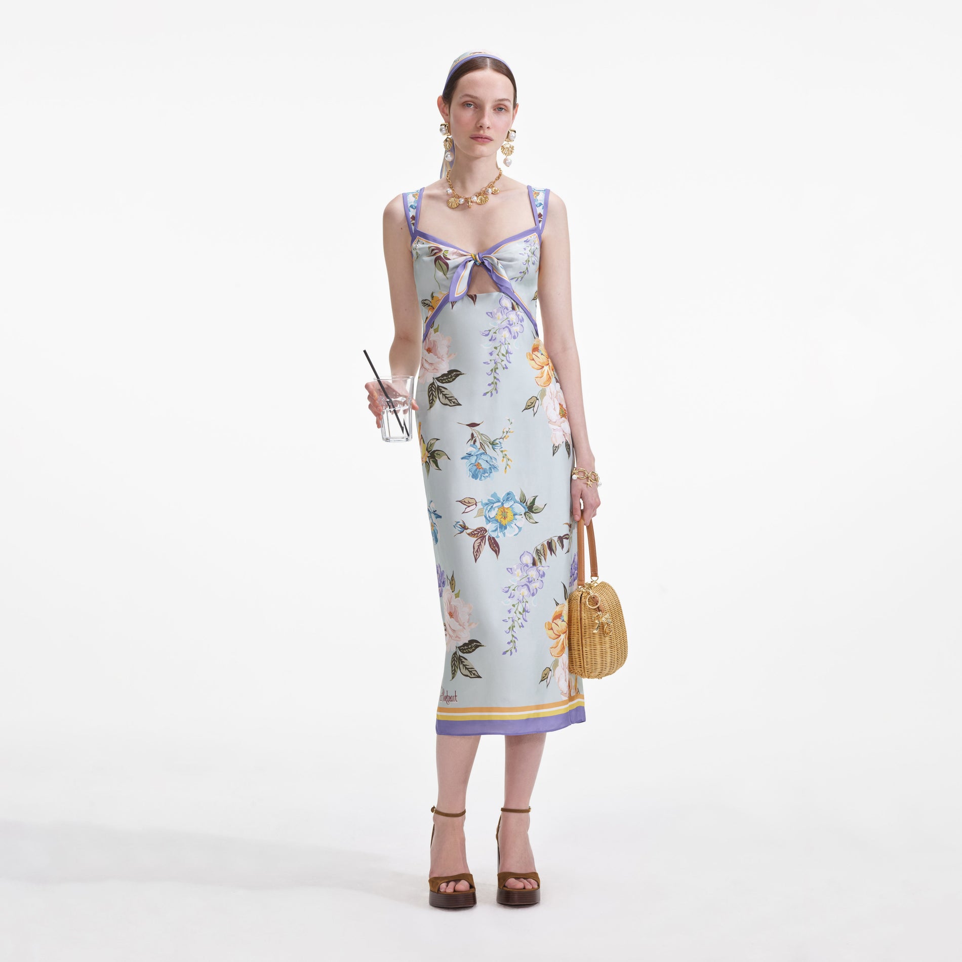 Blue Floral Silk Twill Midi Dress