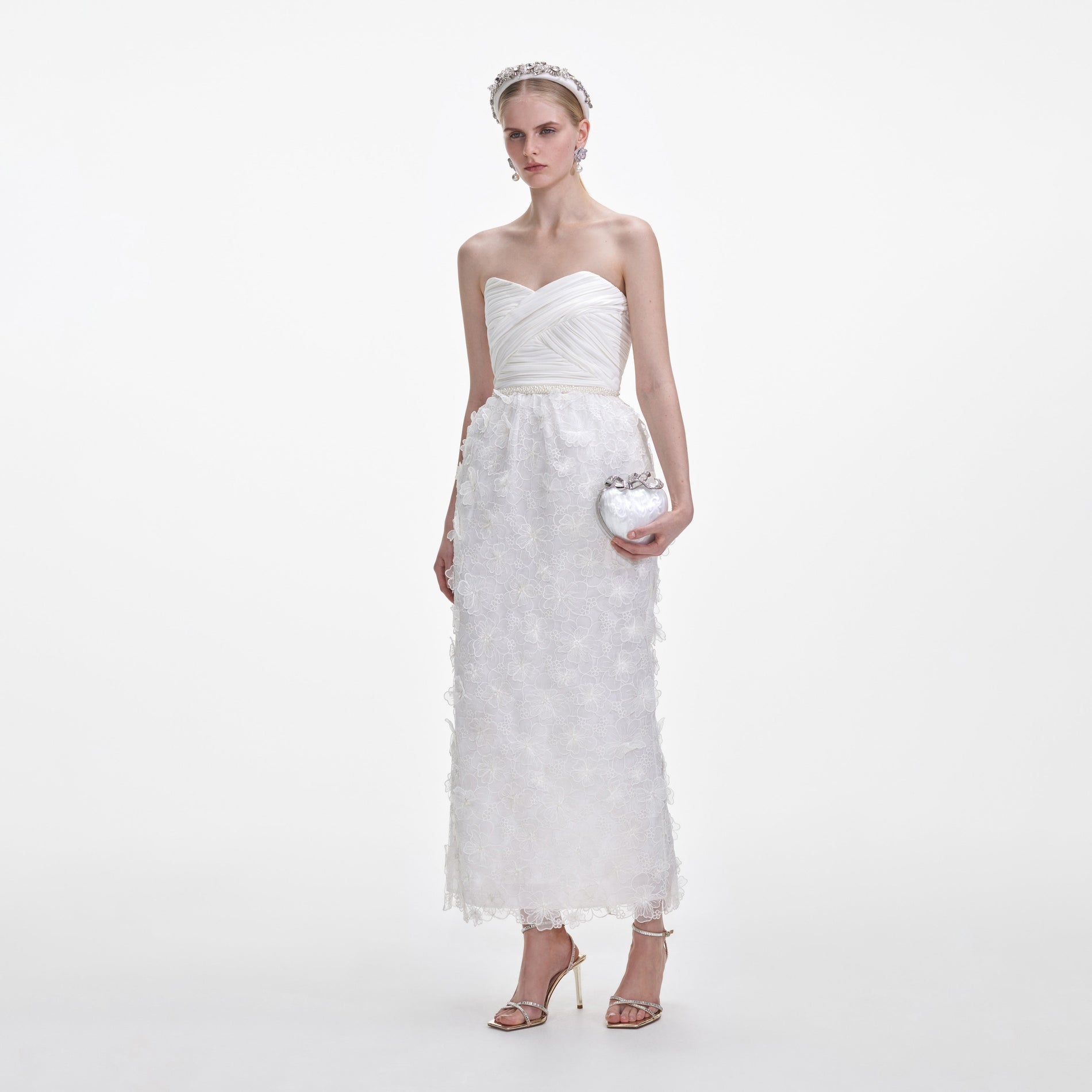 A photo of the White Organza Bandeau Midi Dress