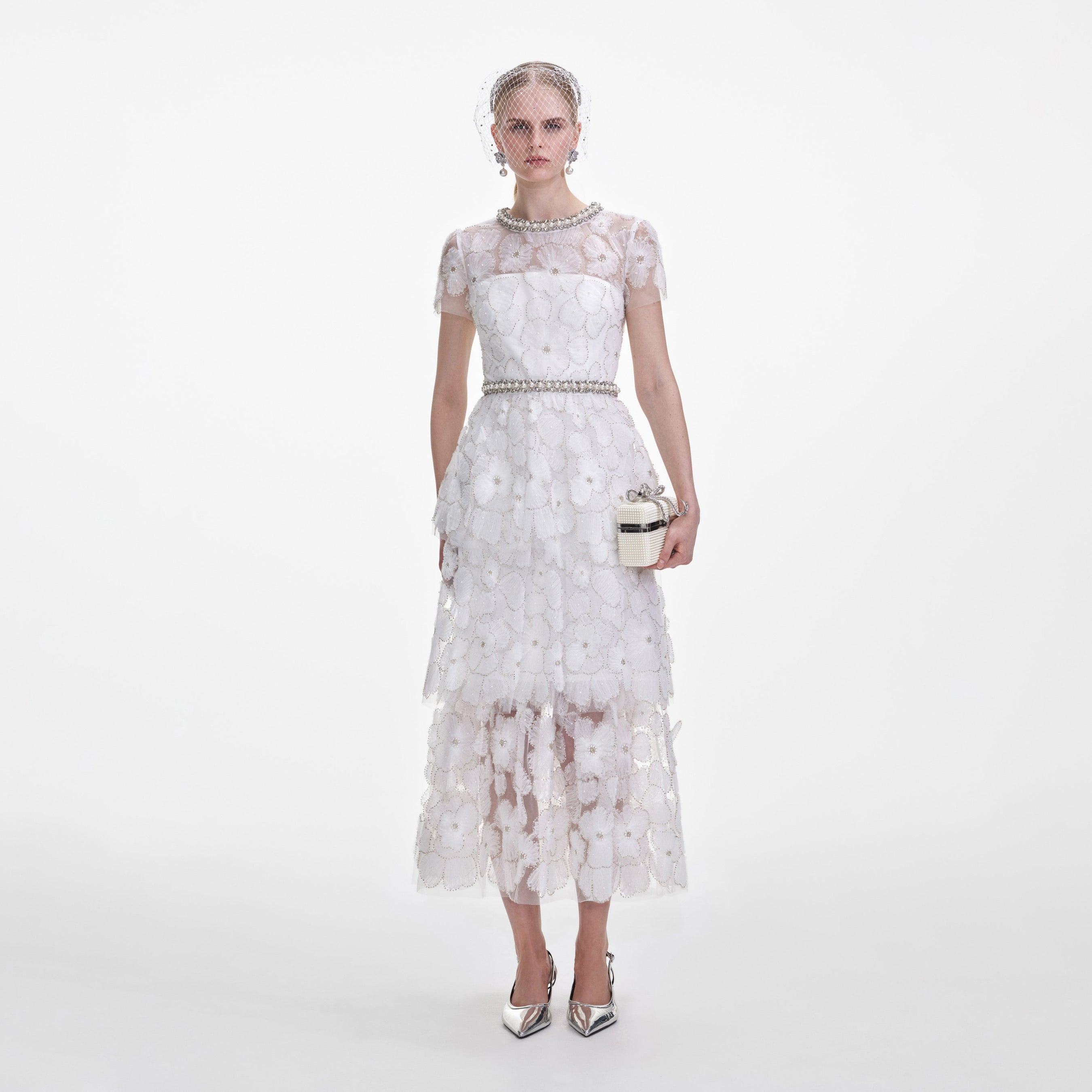 White Embellished Tulle Tiered Midi Dress