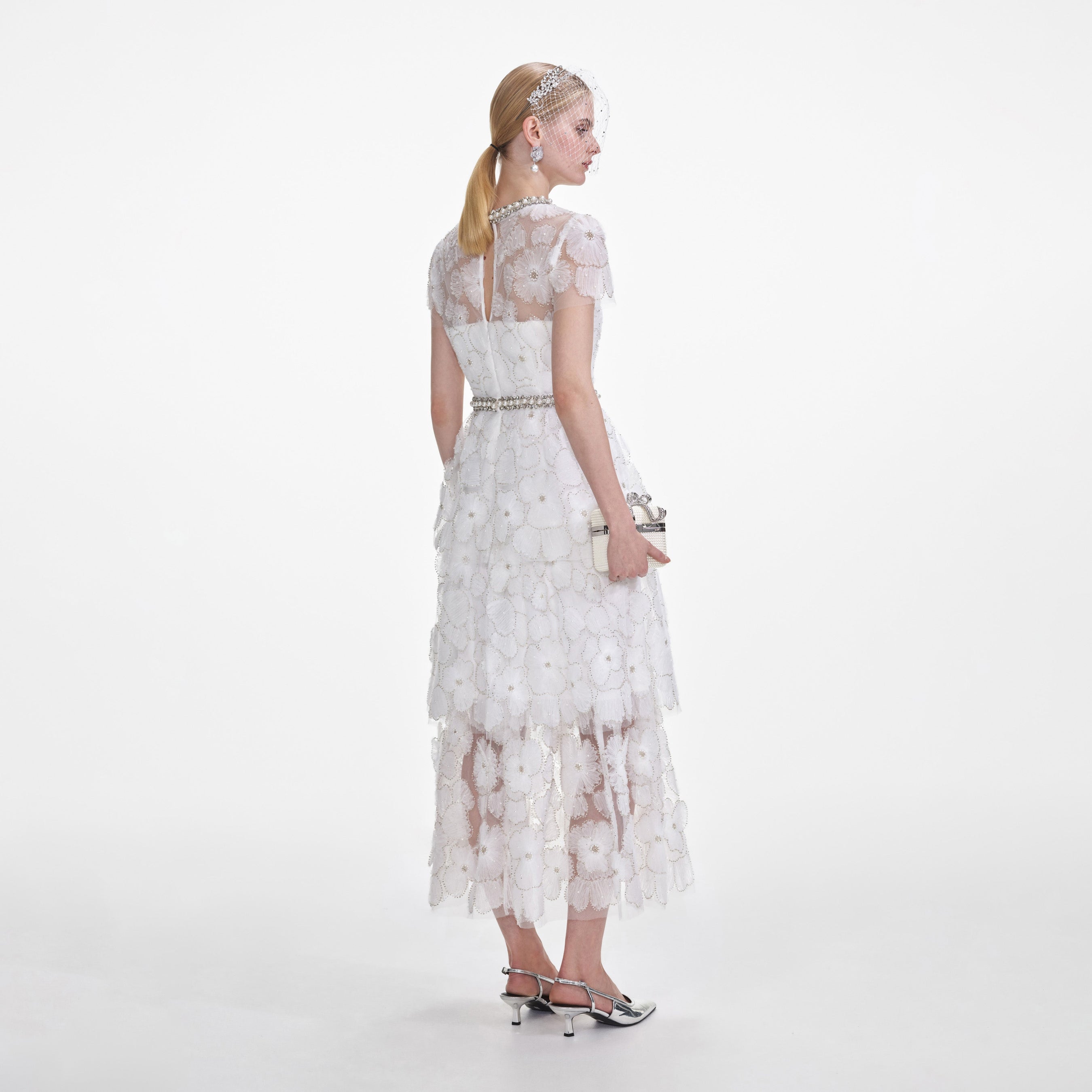 White Embellished Tulle Tiered Midi Dress