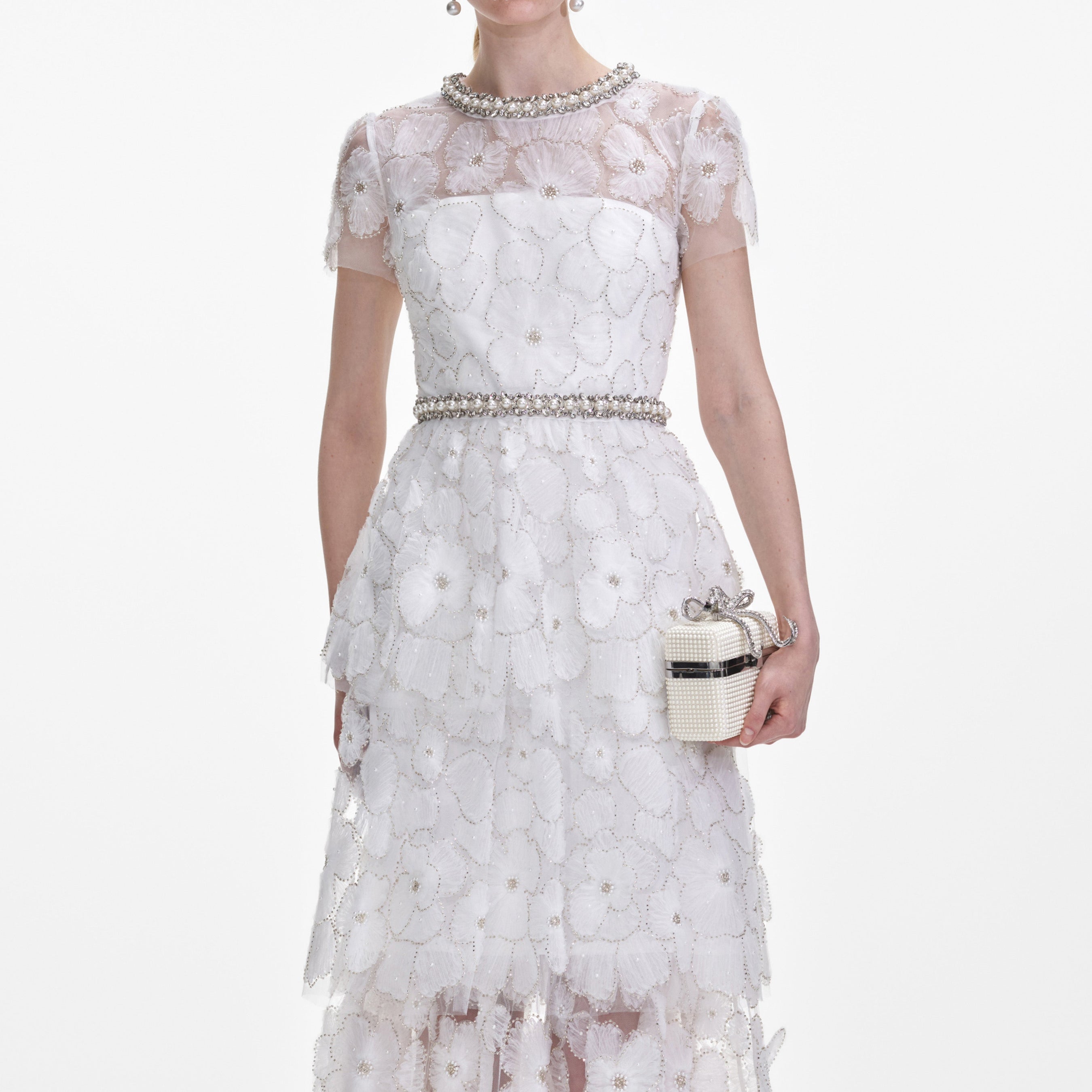 White Embellished Tulle Tiered Midi Dress