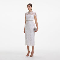 White Embellished Tulle Midi Dress