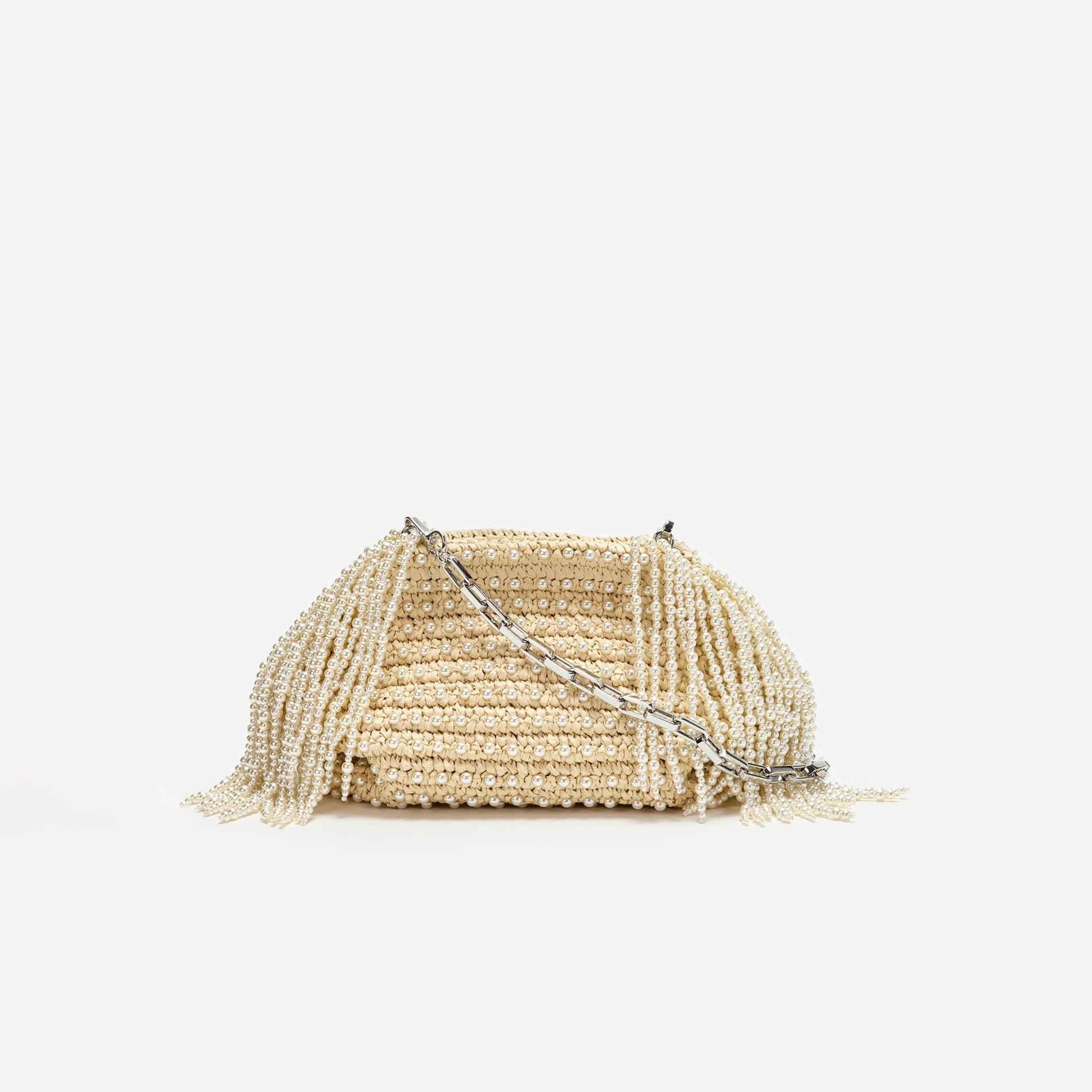 A photo of the Raffia Pearl Fringe Clutch