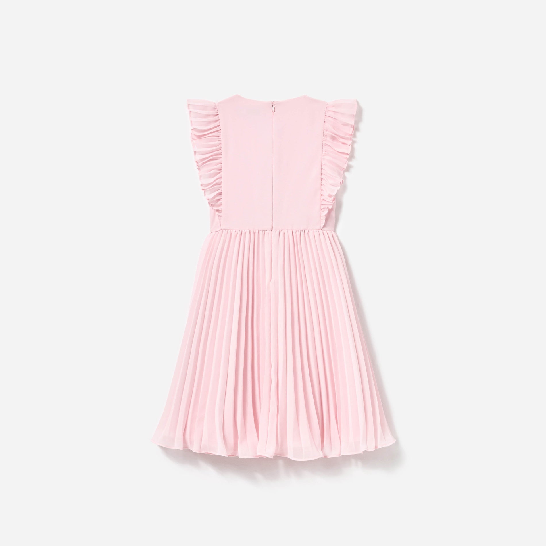 Side view of a woman wearing the Pink Chiffon Pleated Bow Dress