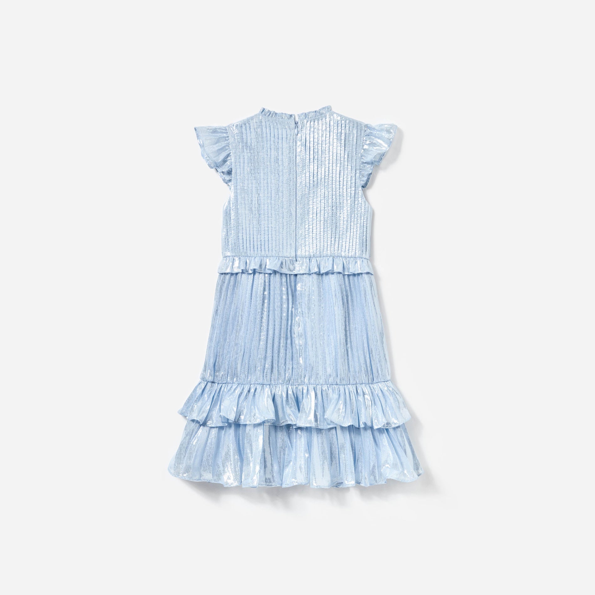 Side view of a woman wearing the Blue Metallic Ruffle Dress