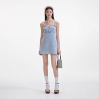 Light Blue Denim Pearl Mini Dress