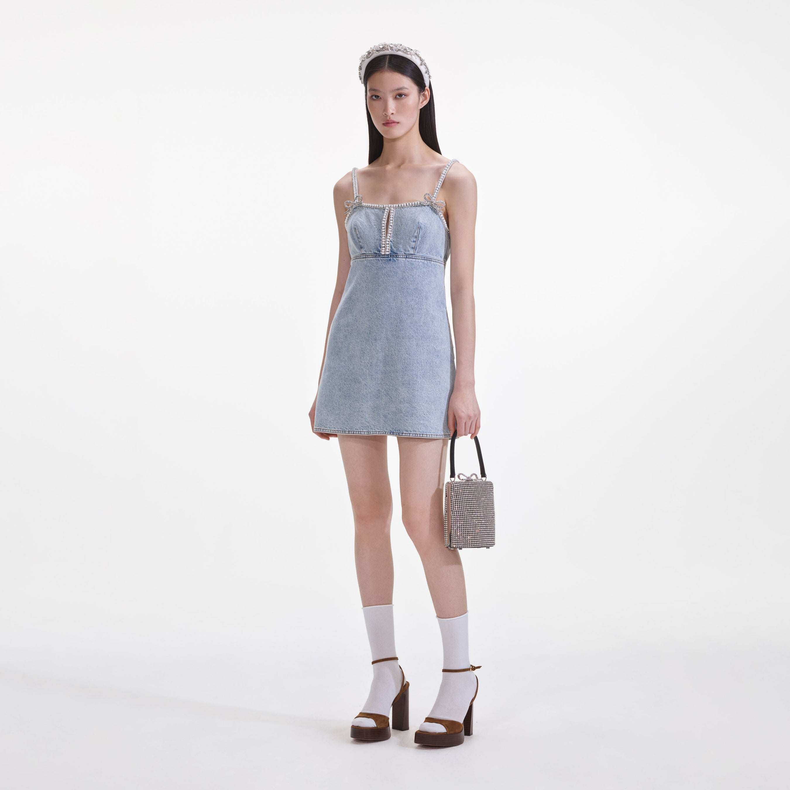 Light Blue Denim Pearl Mini Dress