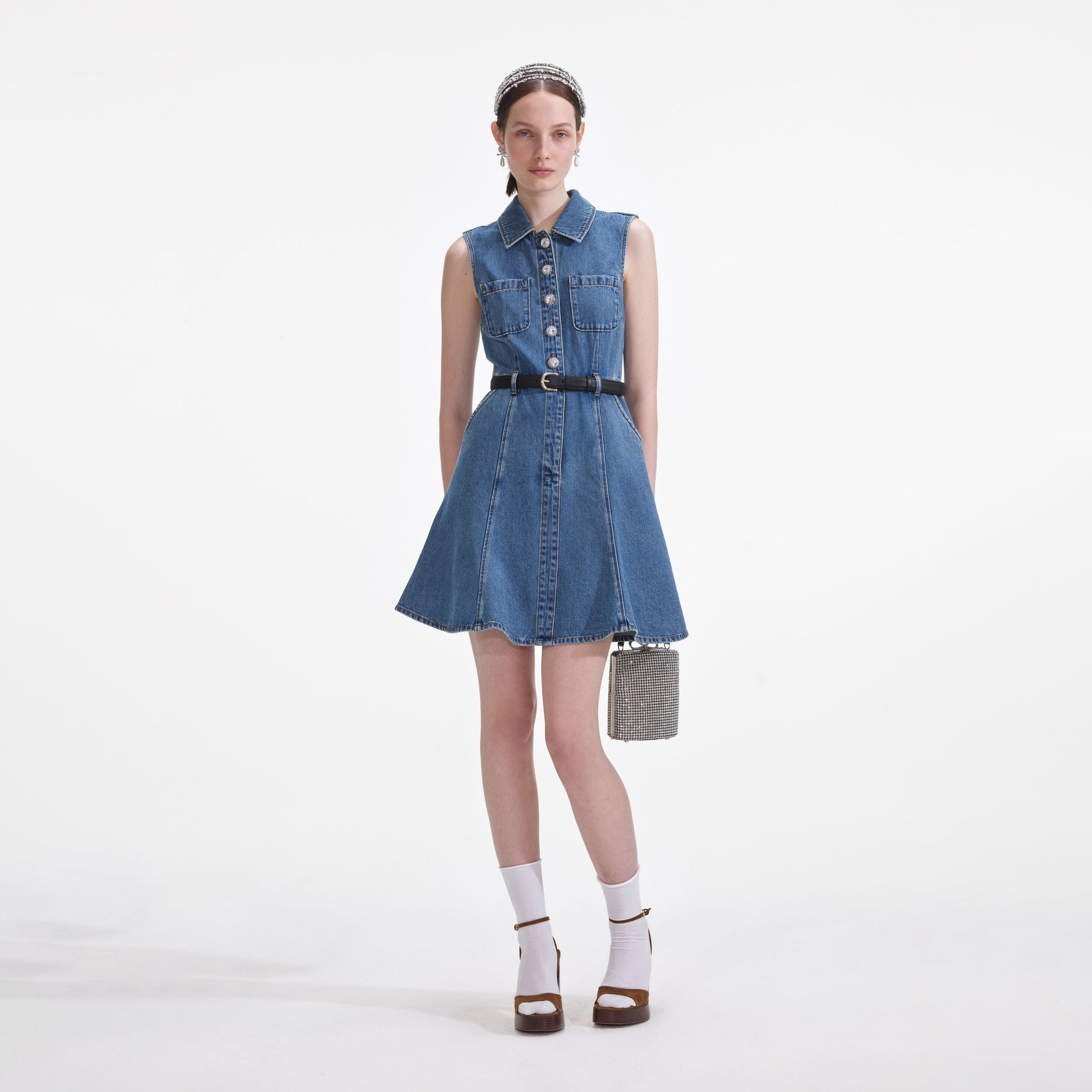 Denim Sleeveless Pearl Mini Dress