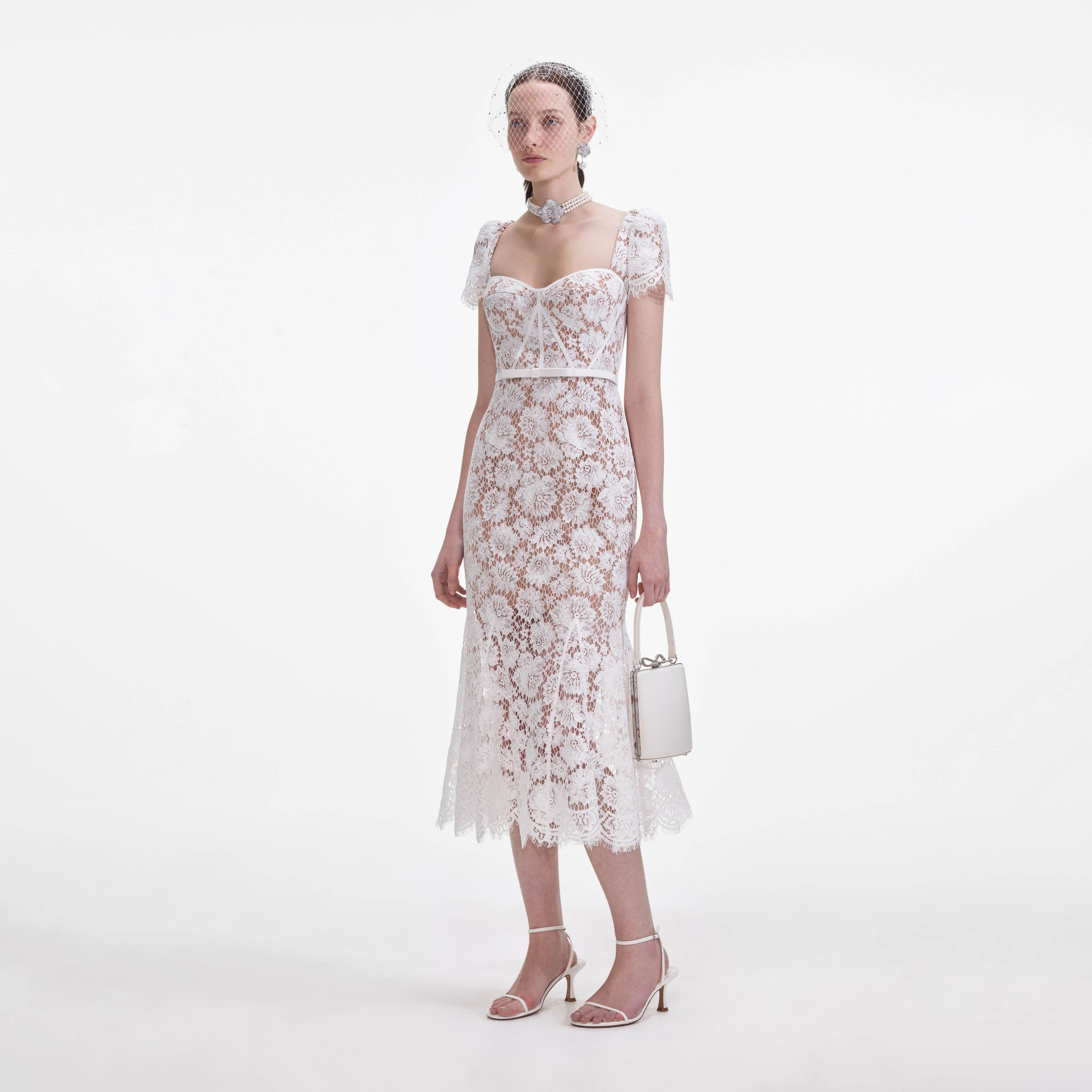 White Fine Lace Midi Dress