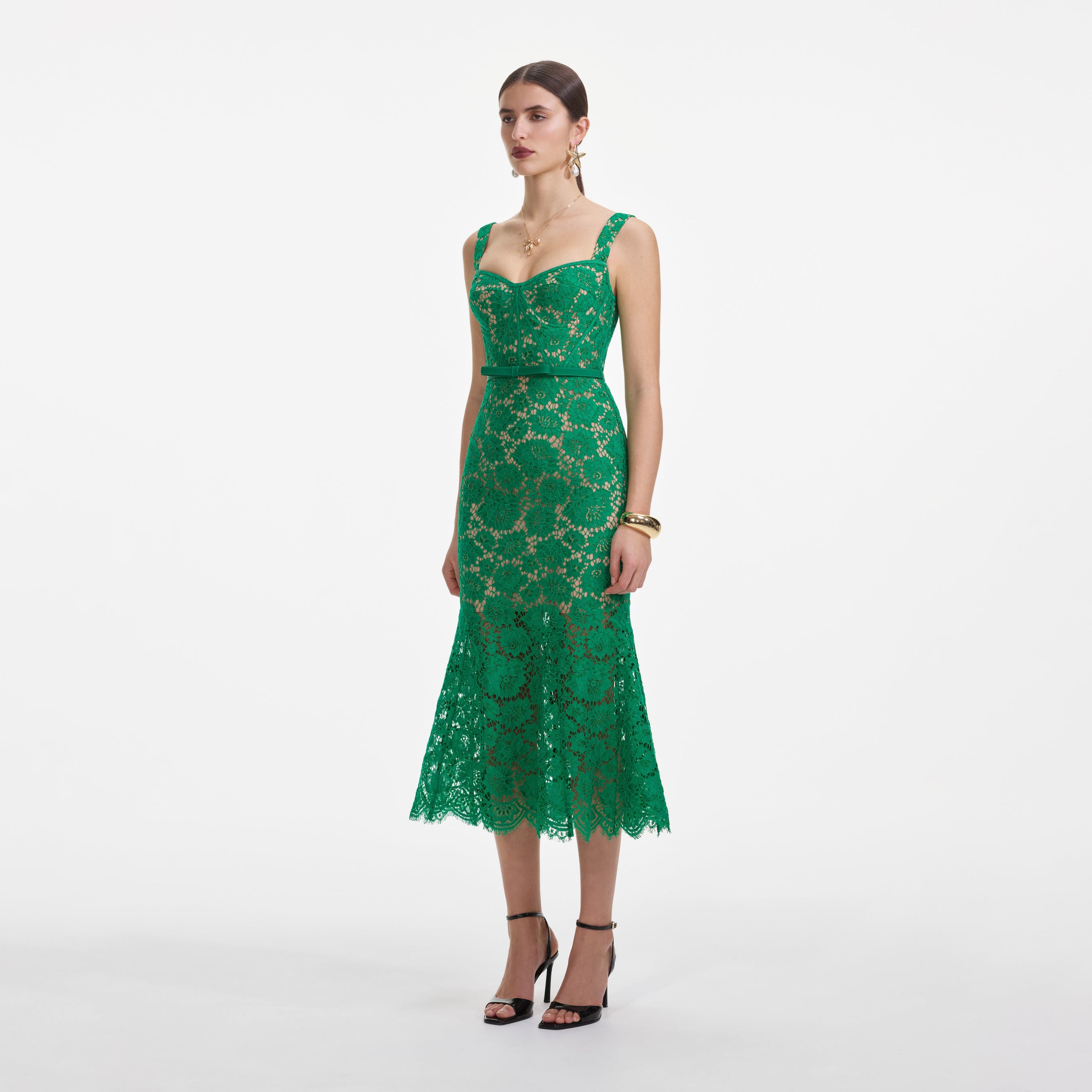 Green Fine Lace Midi Dress