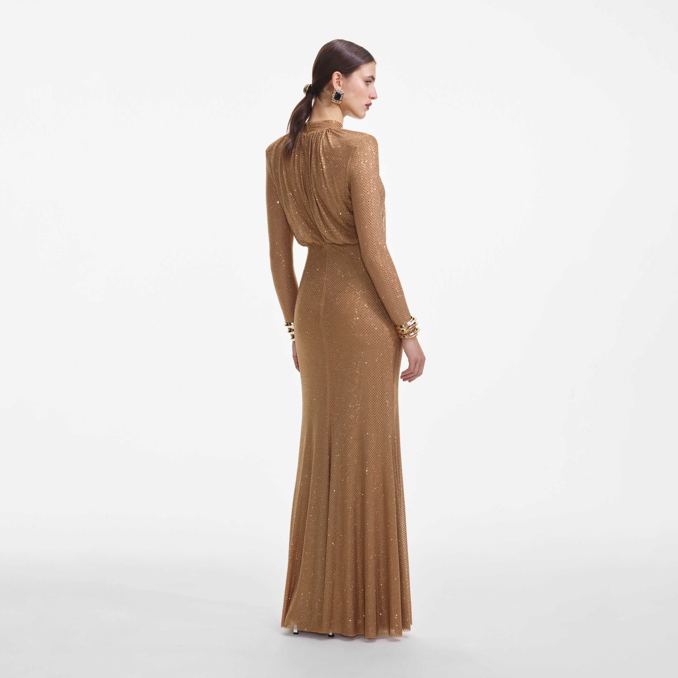 Brown Rhinestone Gathered Maxi Dress