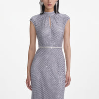 Grey Rhinestone Fishnet Midi Dress