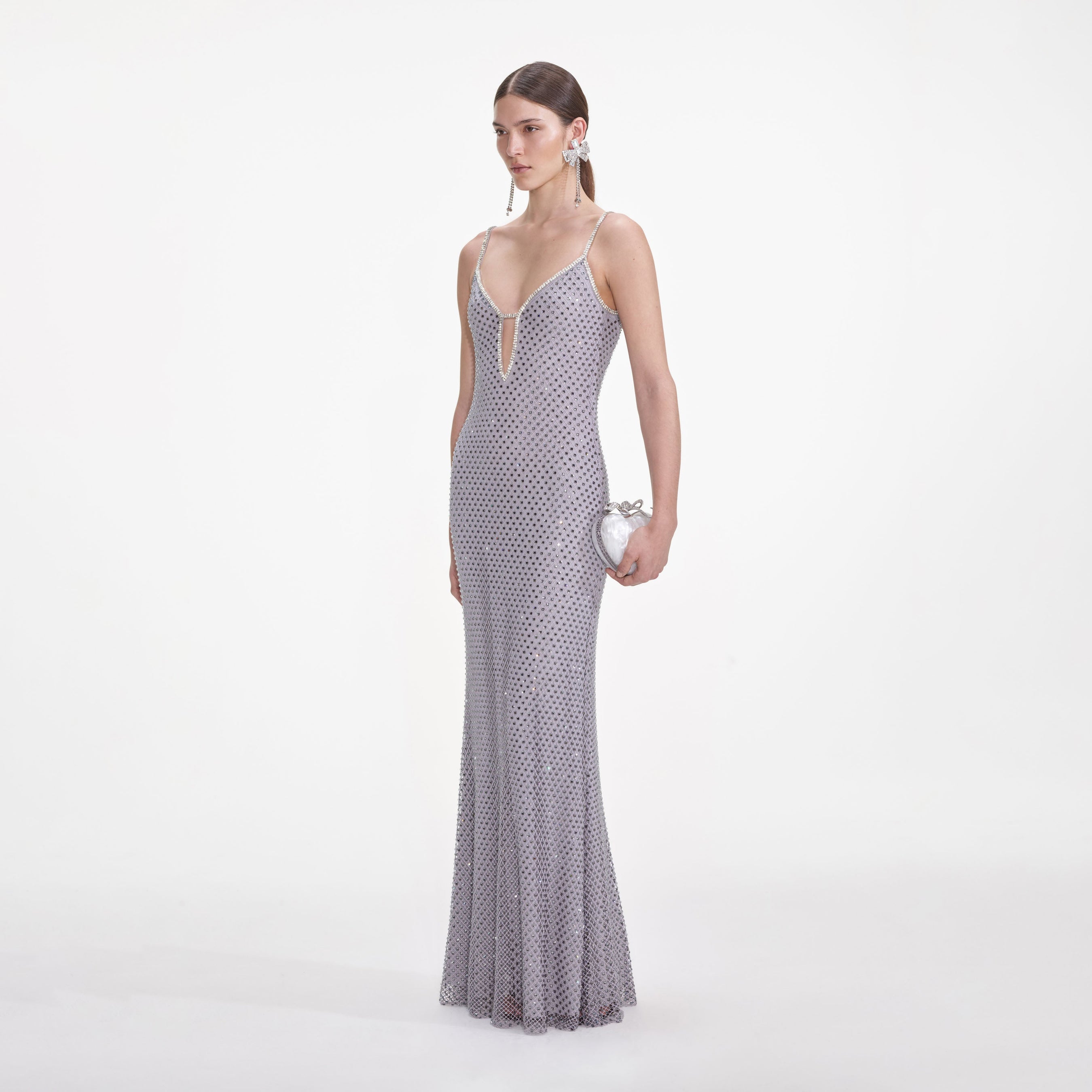 Grey Square Rhinestone Fishnet Maxi Dress