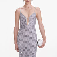 Grey Square Rhinestone Fishnet Maxi Dress