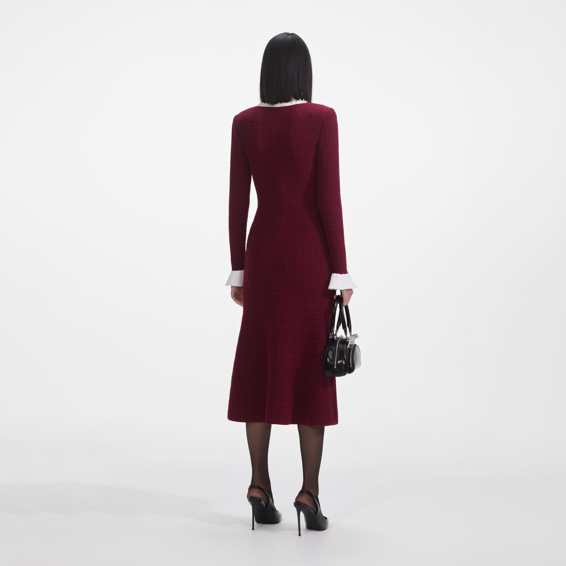 Burgundy Pearl Trim Knit Midi Dress