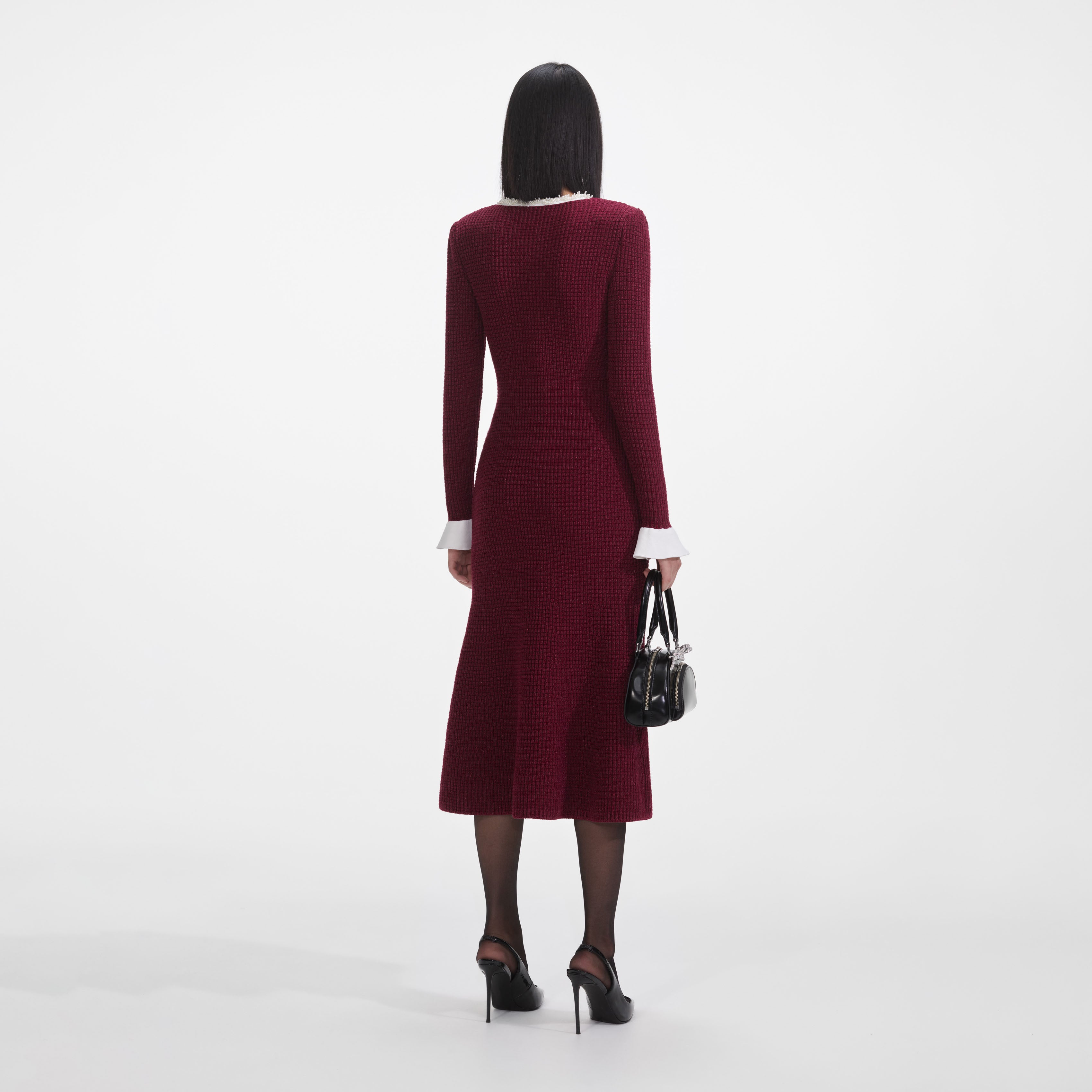 Burgundy Pearl Trim Knit Midi Dress