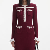 Burgundy Pearl Trim Knit Midi Dress