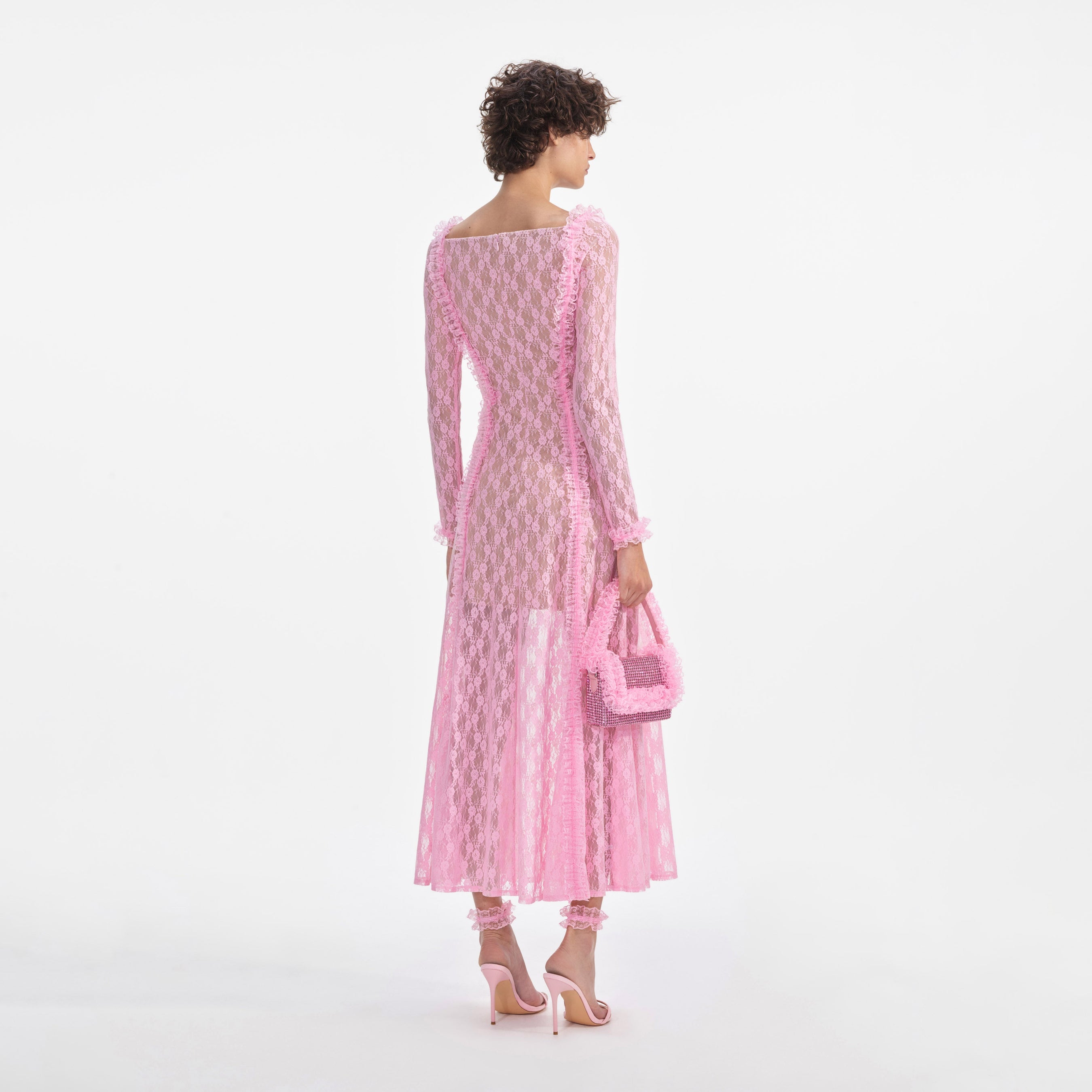 Pink Lace Ruffle Midi Dress