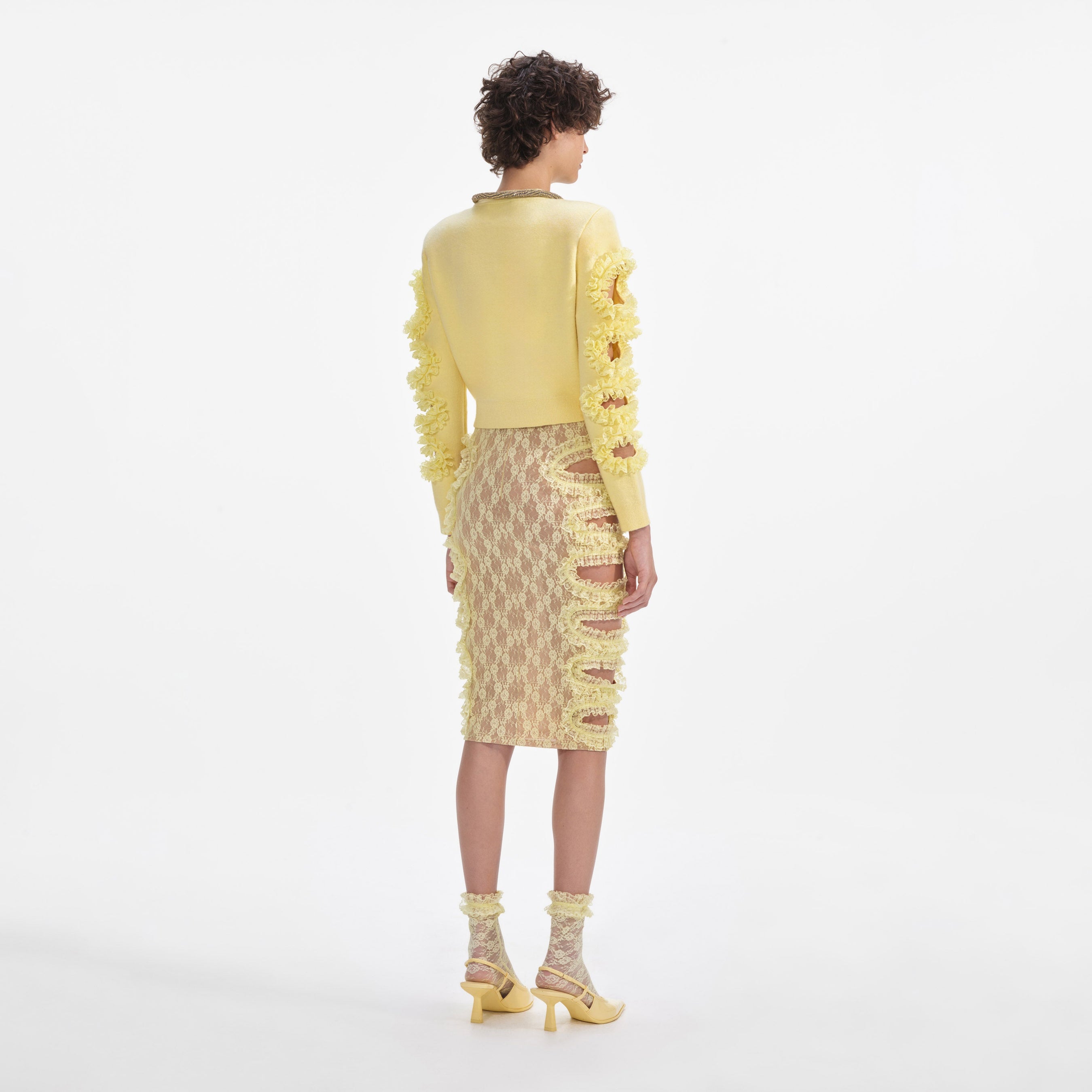 Yellow Lace Cut Out Midi Skirt