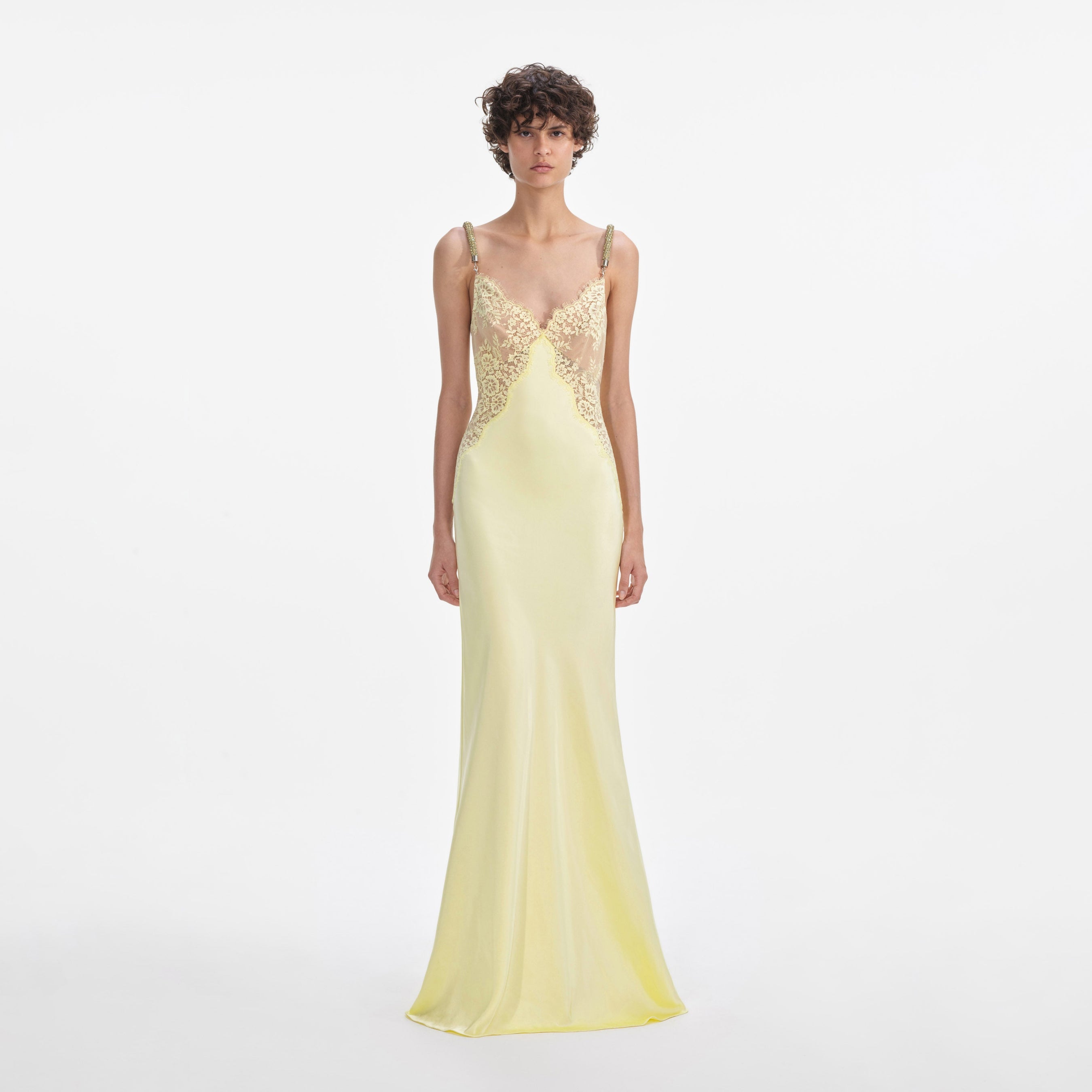 Yellow Lace Satin Maxi Dress