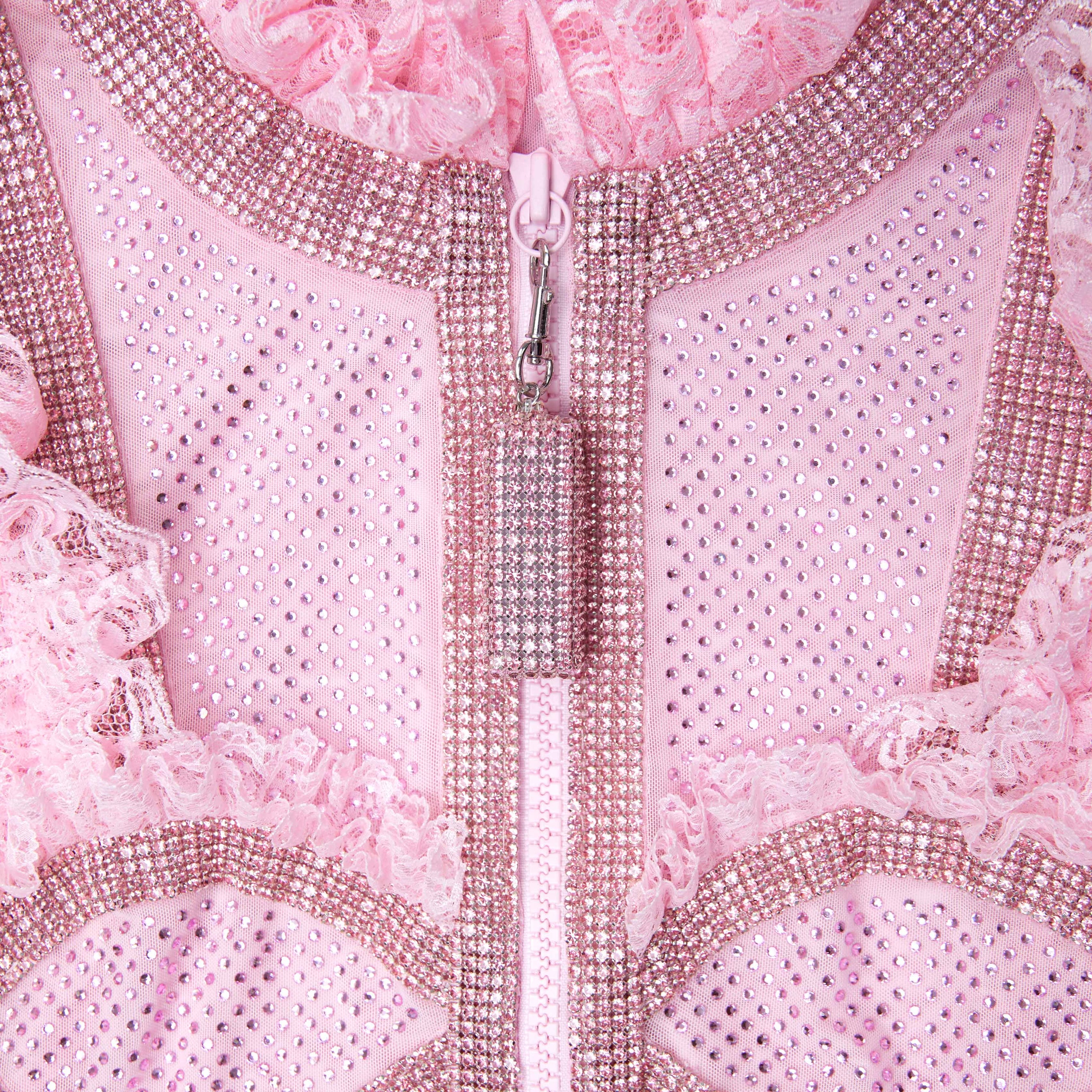 Pink Rhinestone Mesh Ruffle Bodysuit