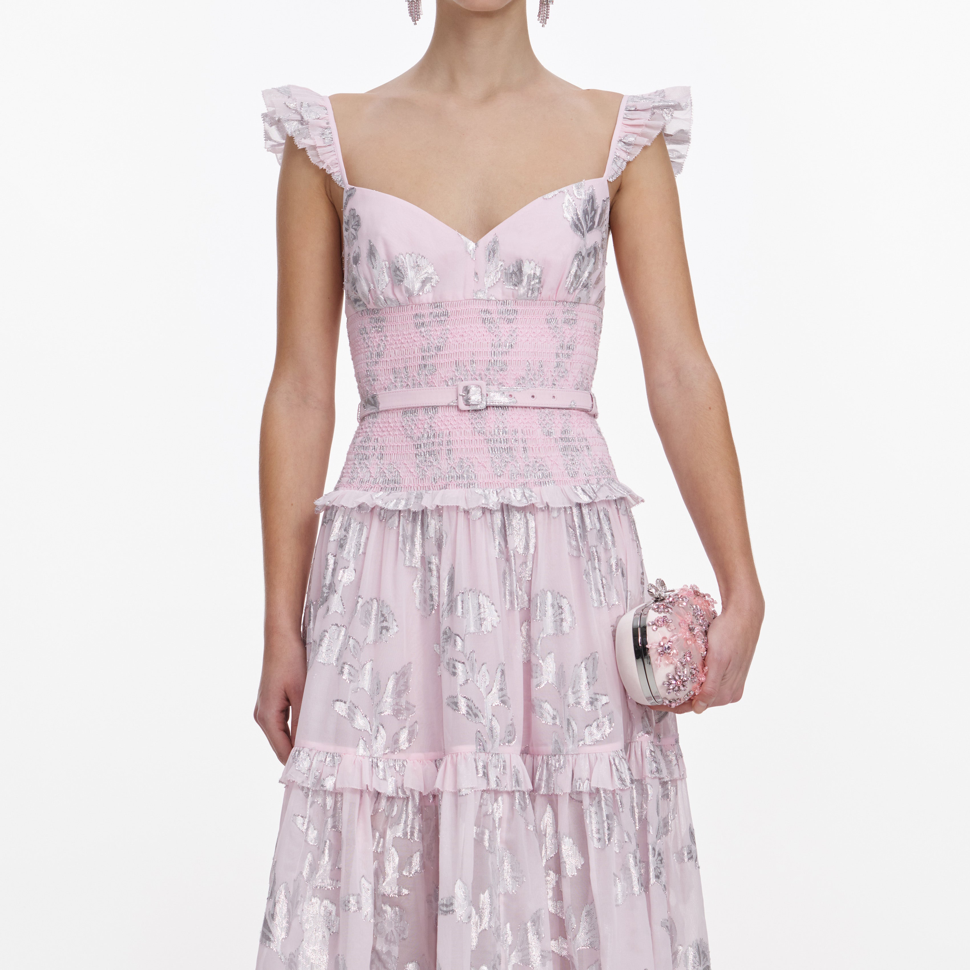 Pink Metallic Chiffon Flower Maxi Dress